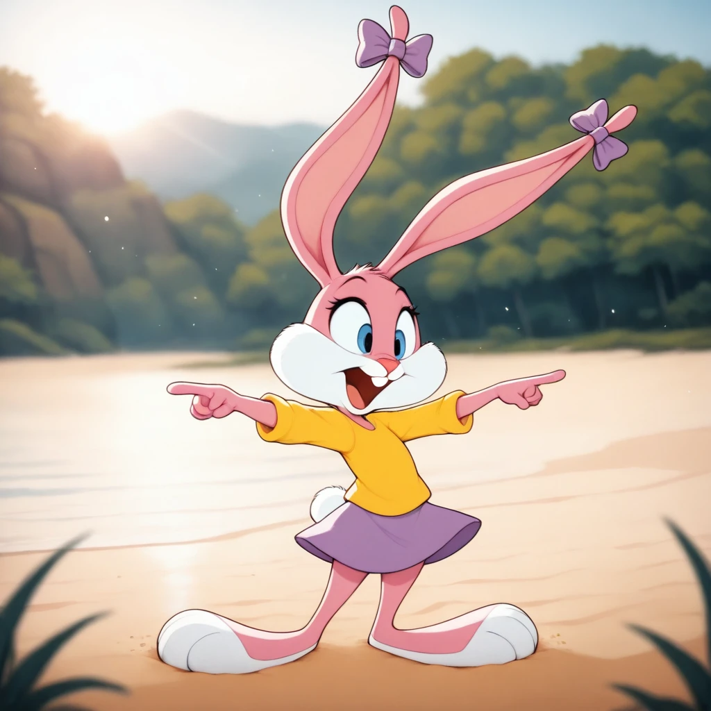 <lora:BabsBunnyOr9_YM:0.7>, solo, Babs, cub, bunny, girl, blue eyes, pink nose, pink body, pink head, pink ears, pink legs, white cheeks, white feet, white tail, erect ears, yellow T-shirt, purple skirt, purple bows on the ears, mouth open, pointing with finger, standing on sand
BREAK, masterpiece, best quality, high quality, particles effect, [:by Desubox:0.15], [:by Anchee, by Snowskau:0.55], detailed background, detailed foreground, depth of field, backlighting