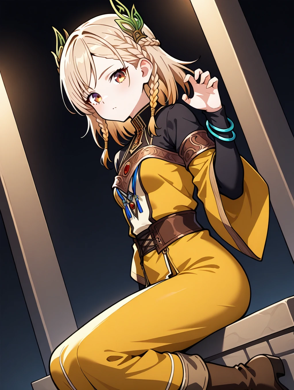 master-piece,hyper quality, hyper detailed,perfect drawing,1 beautiful girl, golden bikini, monkey ears, monkey tail, monkey legs, monkey fingers, hunter's eyes aiming for prey, blonde short, , height 170cm, 3 size B88W55H90, gritty, kneeling, pow pause