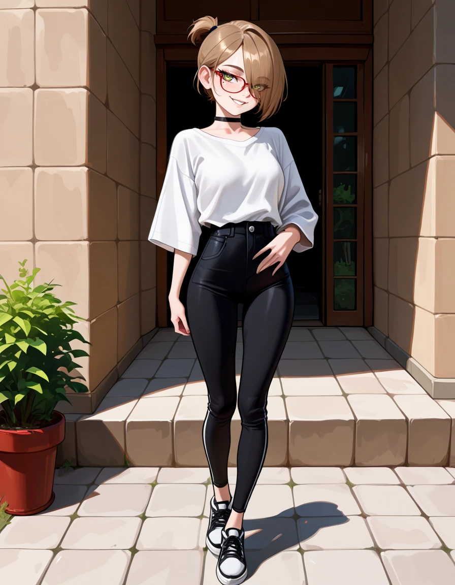 masterpiece, best quality, very aesthetic, absurdres,
outdoors,
full body, posing,
seductive smile, parted lips, long eyelashes,
<lora:Darcy_Redd_v01_NAIXL:1>
D4rcy_r3dd,1girl,solo,short hair,brown hair,ponytail,hair over one eye,red-framed eyewear,green eyes,mole under eye,choker,