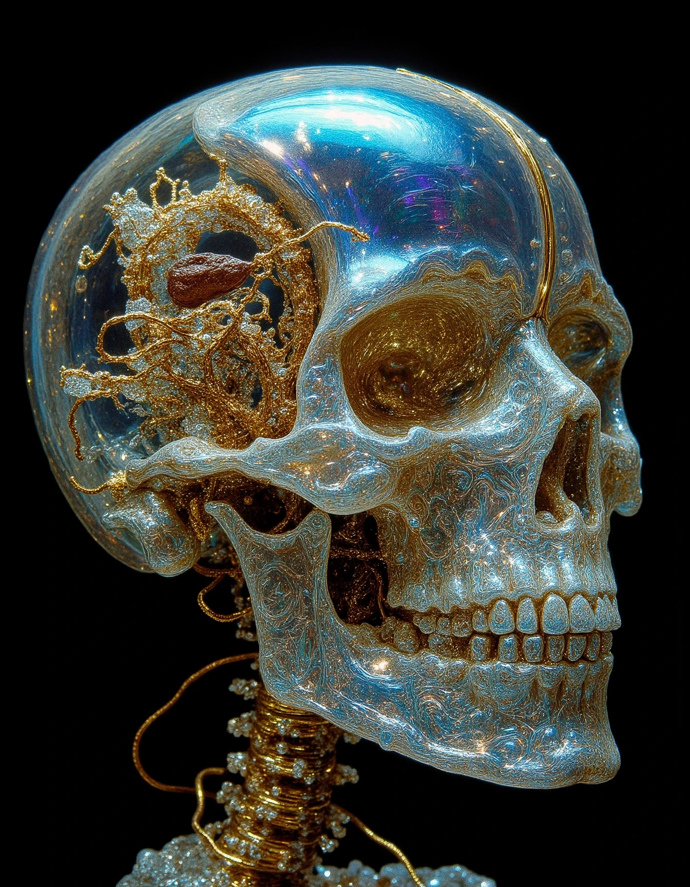 dark art A translucent, iridescent skull reveals a human ear and teeth, intertwined with delicate golden wires and organic structures. The fusion of flesh, bone, and shimmering material creates a surreal and hauntingly beautiful biomechanical figure. <lora:Dark_Art:1>