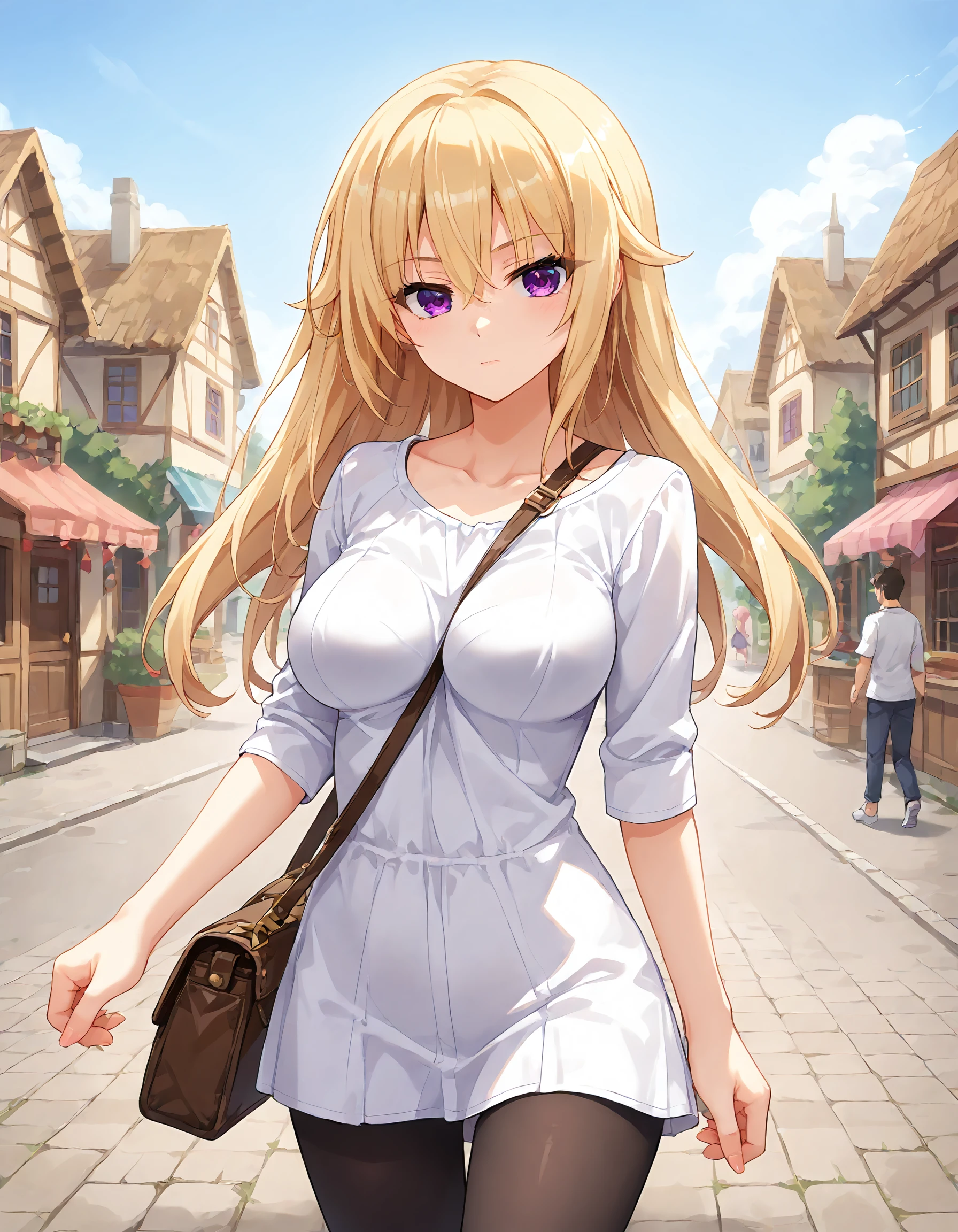 score_9, score_8_up, score_7_up, source_anime, <lora:add-detail-xl:1>, good , masterpiece, amazing quality, ultra detailed, good hand
BREAK 1girl, casual, walking, in town, <lora:pai-sura:0.6> pai-sura, emphasis, slant bag, bag strap passing between ,
BREAK <lora:Patricia Of End Nora to Oujo to Noraneko Heart (HARUKAZE)-pony:0.6> Patricia Of End, blond hair, purple eyes, , long hair, hair down