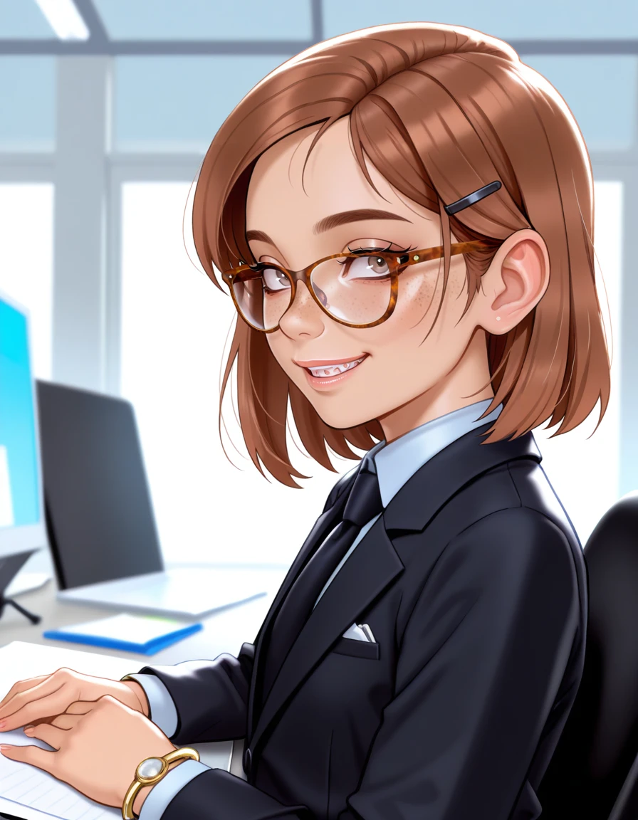 masterpiece, best quality, very aesthetic, absurdres,
indoors, office,
upper body, long eyelashes, smile, parted lips, teeth bracelet,
<lora:Megan_v01_NAIXL-000012:1>,
M364n,1girl,brown hair,short hair,hairclip,glasses,brown eyes, freckles, office lady,necktie,suit,