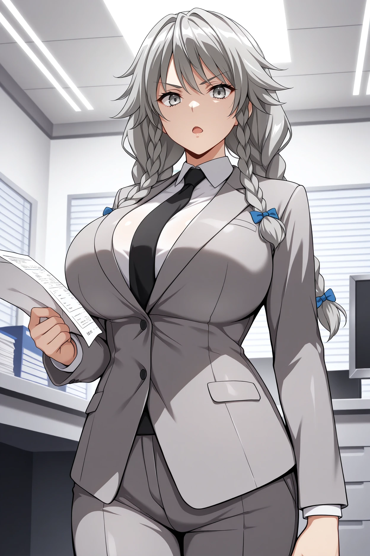 masterpiece, best quality, 1girl, solo, <lora:grayfialucifuge-illu-nvwls-v1-000006:1> gflcfg, grey hair, twin braids, long hair, grey eyes, big breasts, grey suit jacket, grey pants, black necktie, serious, office, looking at viewer, open mouth, holding paper