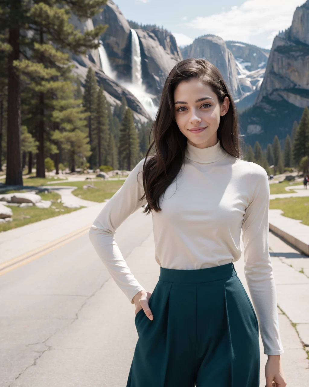 woman, gemmaGNRC, detailed disk, smiling, long sleeve mock neck top with wide-leg culottes, Yosemite National Park