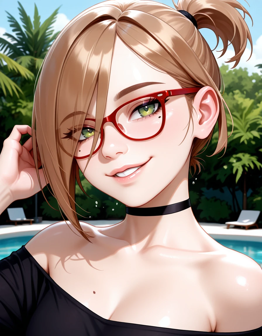 masterpiece, best quality, very aesthetic, absurdres,
outdoors,
upper body, posing,
seductive smile, parted lips, long eyelashes,
<lora:Darcy_Redd_v01_NAIXL:1>
D4rcy_r3dd,1girl,solo,short hair,brown hair,ponytail,hair over one eye,red-framed eyewear,green eyes,mole under eye,choker,
