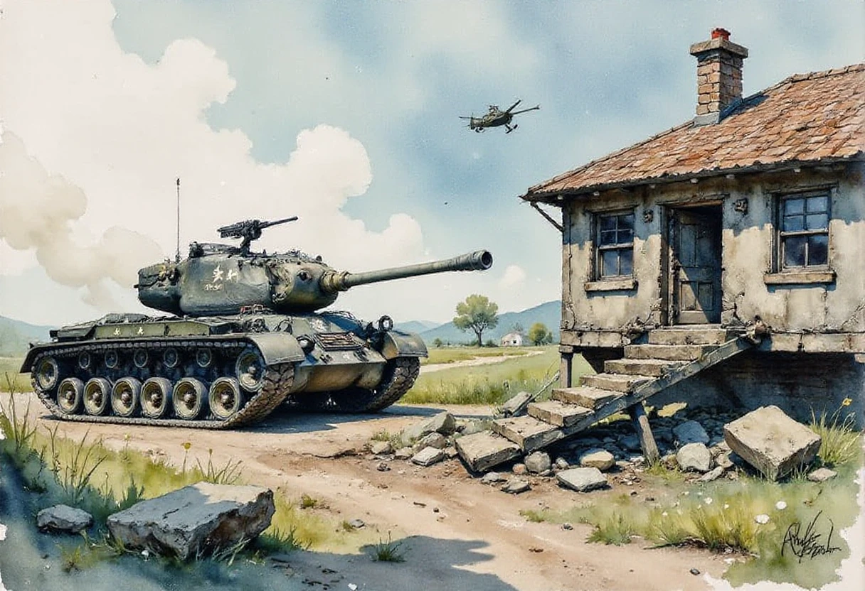 A watercolor painting of an American tank lying in wait for enemy tanks from the shadow of a collapsed house during the Challenge War. A heavy and tense scene, piles of rubble, gun smoke, <lora:FluxWatercolor:1> Jedwtclr, watercolor, American tank crew, <lora:m46:1>m46,