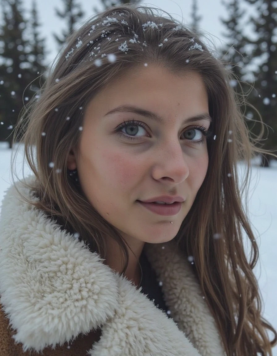 - A woman standing motionless in a snowstorm, her face serene as snowflakes settle on her eyelashes. She wraps herself tightly in a thick fur coat, her breath visible in the icy air. <lora:miriamhamberg:1>,<lora:a_Turbo-Alpha:1>,