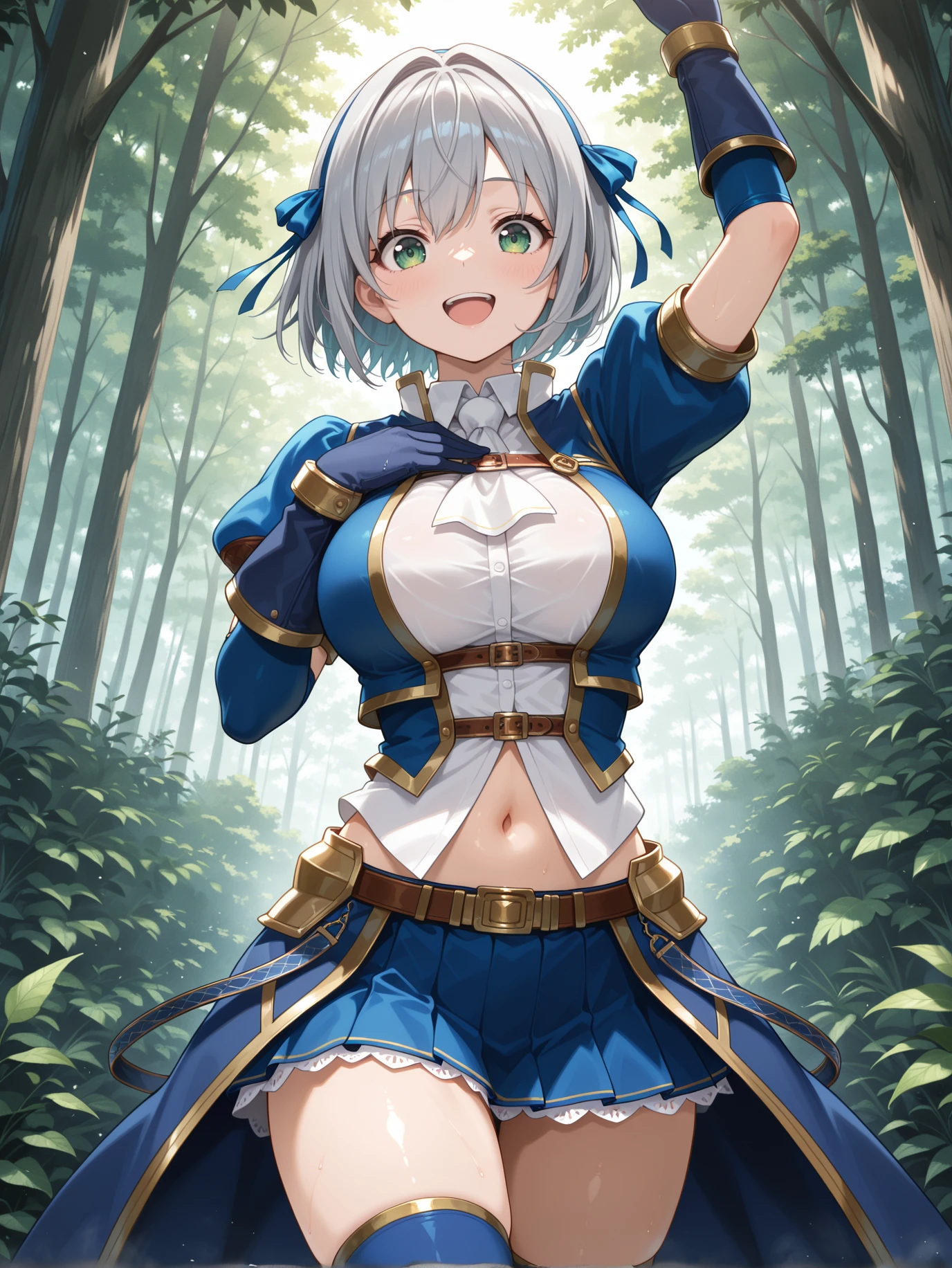 full azure armor,solo,1girl,green eyes,short hair,grey hair,large breasts,navel,open mouth,looking at viewer,smile,hands on over chest,blue hair ribbon hairband,blue cropped jacket,blue armored gloves,blue miniskirt,blue thighhighs,white ascot,white shirt,blue waist cape,arm up,waving,outdoors,forest,
masterpiece,best quality,amazing quality,very aesthetic,absurdres,newest,<lora:Azure Armor illusXL v1:0.7>,