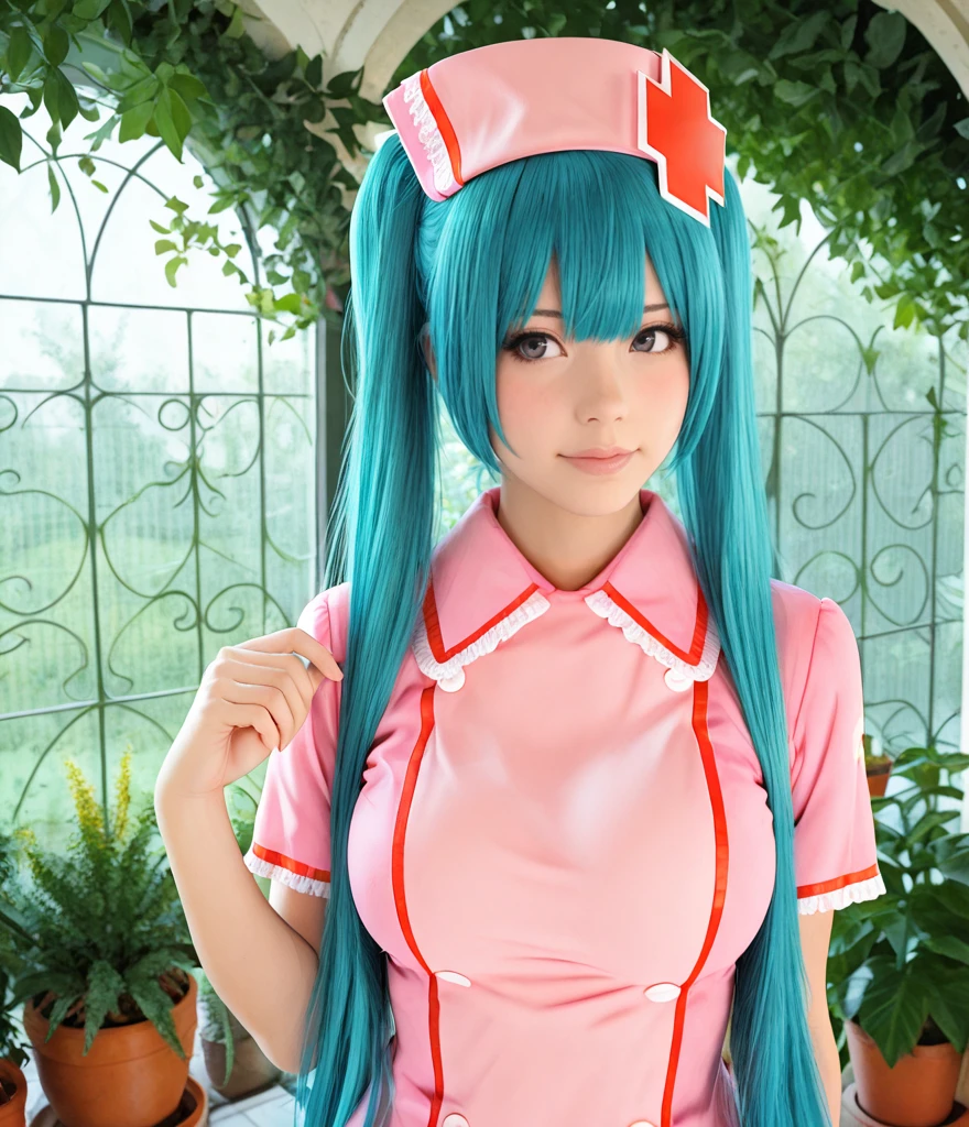 1girl, nurse miku, large breasts, garden background, masterpiece, highly detailed <lora:Nurse_Miku_Illustrious:1>