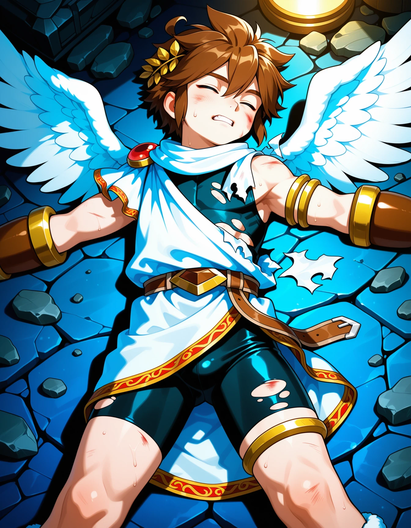 masterpiece,best quality,amazing quality,realistic
BREAK
dynamic angle,kid_icarus,1 boy,,lying,tilt head,, Darkness,in the night, , (exhasuted:2),,(Torn clothes:1.5), tattered body,bruised face, bruised body,sweat,,(BattleDamage),(damaged),(closed eyes tightly:1.5),(Clenched teeth),
rubble
,
angel wings,white wings,brown hair,short hair,sidelocks,ahoge,laurel crown,white scarf,red shoulder brooch,single bare shoulder,ancient greek clothes,white toga,black undershirt,brown belt,brown belt buckle,red trim,bike shorts,bracer,bridal gauntlets
BREAK
<lora:kid_icarus_ill:1>, <lora:Battle_Damage:1>