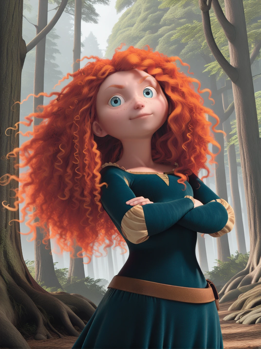 highres, hi res, best quality, masterpiece, official style, screencap,
1girl, (MeridaXL:1), red hair, blue eyes, curly hair, big hair, freckles, green dress, long sleeves,
v-shaped eyebrows, light smile, dutch angle, sexy pose, (crossed arms:1.1), looking at viewer, from side, solo, dynamic pose, cowboy shot, head tilt, sexually suggestive, outdoors, forest, vegetation, magic forest, daylight,
<lora:MeridaBraveXLV2_Character:1>