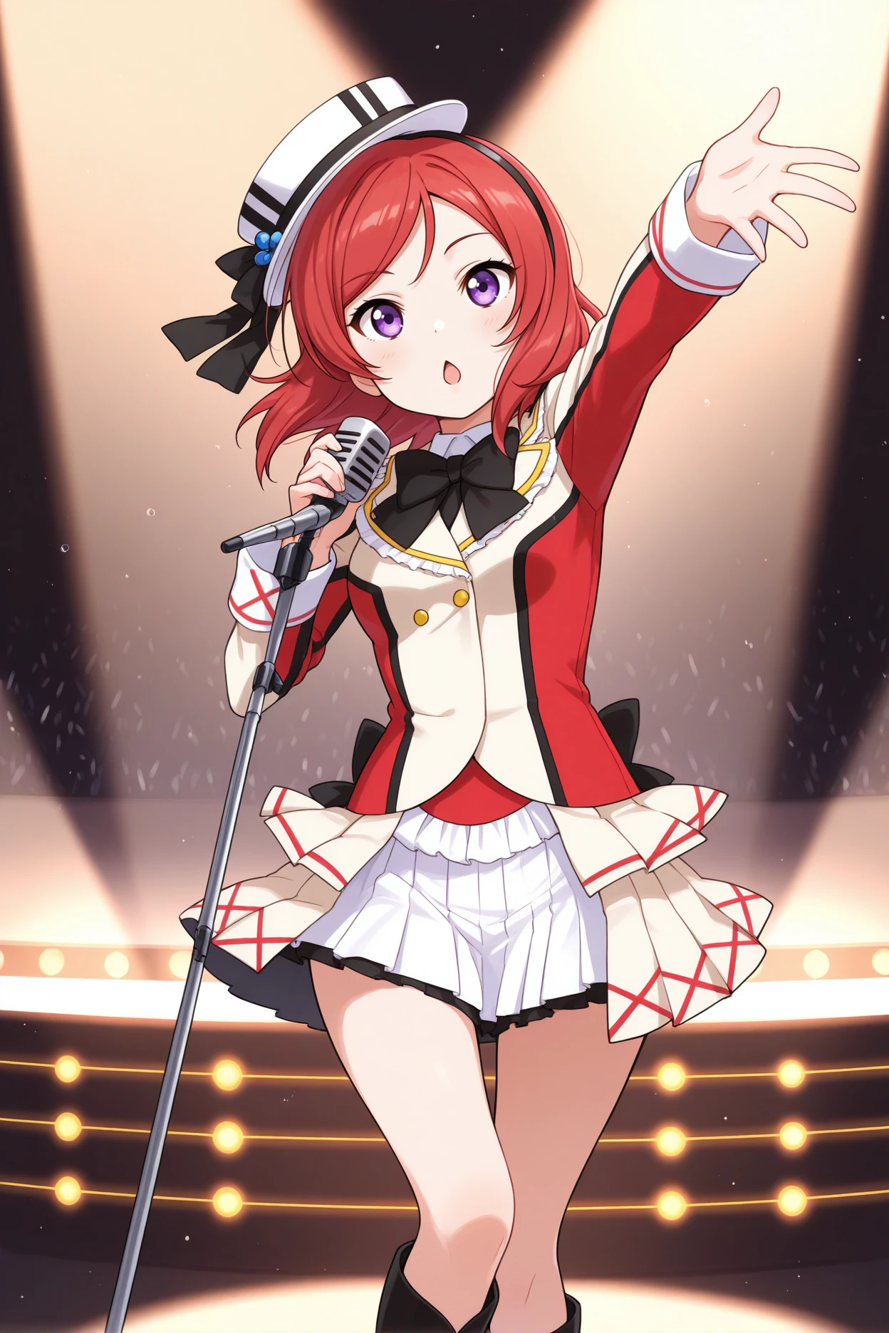 masterpiece, Highest quality, Idol Honoka, Honoka Kosaka, White Hat, Red and white jacket, Long sleeve, Black bow tie, White Skirt, :is, blush, Are standing, View your viewers, stage, Spotlight from below, Panty shot, Frilled Panties, Flip-up skirt,