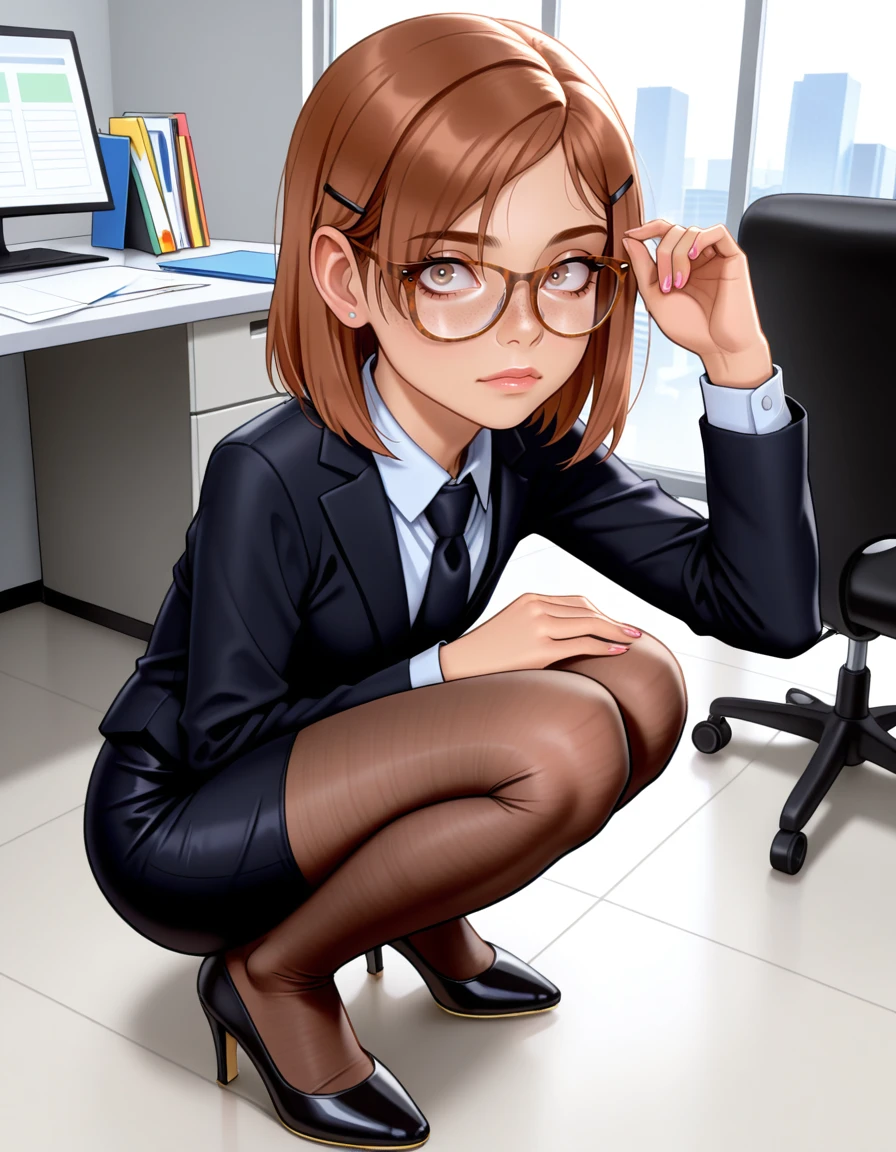 masterpiece, best quality, very aesthetic, absurdres,
indoors, office,
full body, long eyelashes,
<lora:Megan_v01_NAIXL-000012:1>,
M364n,1girl,brown hair,short hair,hairclip,glasses,brown eyes,freckles,office lady,necktie,suit,pencil skirt,brown pantyhose,high heels,