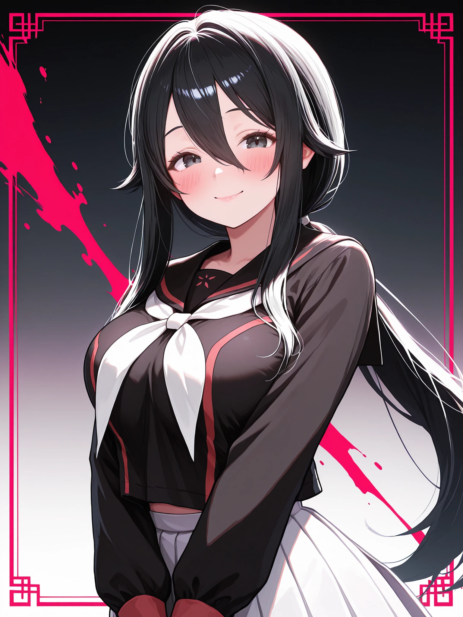omoyu \(nakyu715\), <lora:Ryoba4XL:1> Ryoba_YS, 1girl, long hair, low ponytail, serafuku, large breasts, white pleated skirt, white neckerchief, school uniform, <lora:cfg_scale_boost:0.5> <lora:retrocute:1>, inset border, <lora:spo_sdxl_10ep_4k-data_lora_webui:0.4>, solo, gradient background, simple background, red splatter, upper body, smile, dynamic pose, blush, lazypos, looking at viewer, [[[ningen mame]]], black eyes, v arms,