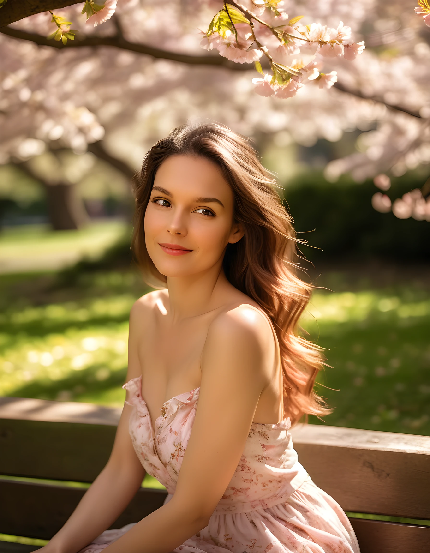 A woman with flawless skin stands amidst a sea of spring blossoms, her gaze meeting the camera with a sense of intrigue. The matching tones of the image create a romantic atmosphere, perfectly matching the color palette. The sharp focus captures every detail, while the post-processing techniques add a unique and creative touch. The composition is expertly crafted, with global illumination adding a sense of depth and dimension. Taken with a Canon EF 16-35mm lens, this portrait is a stunning example of visual storytelling.