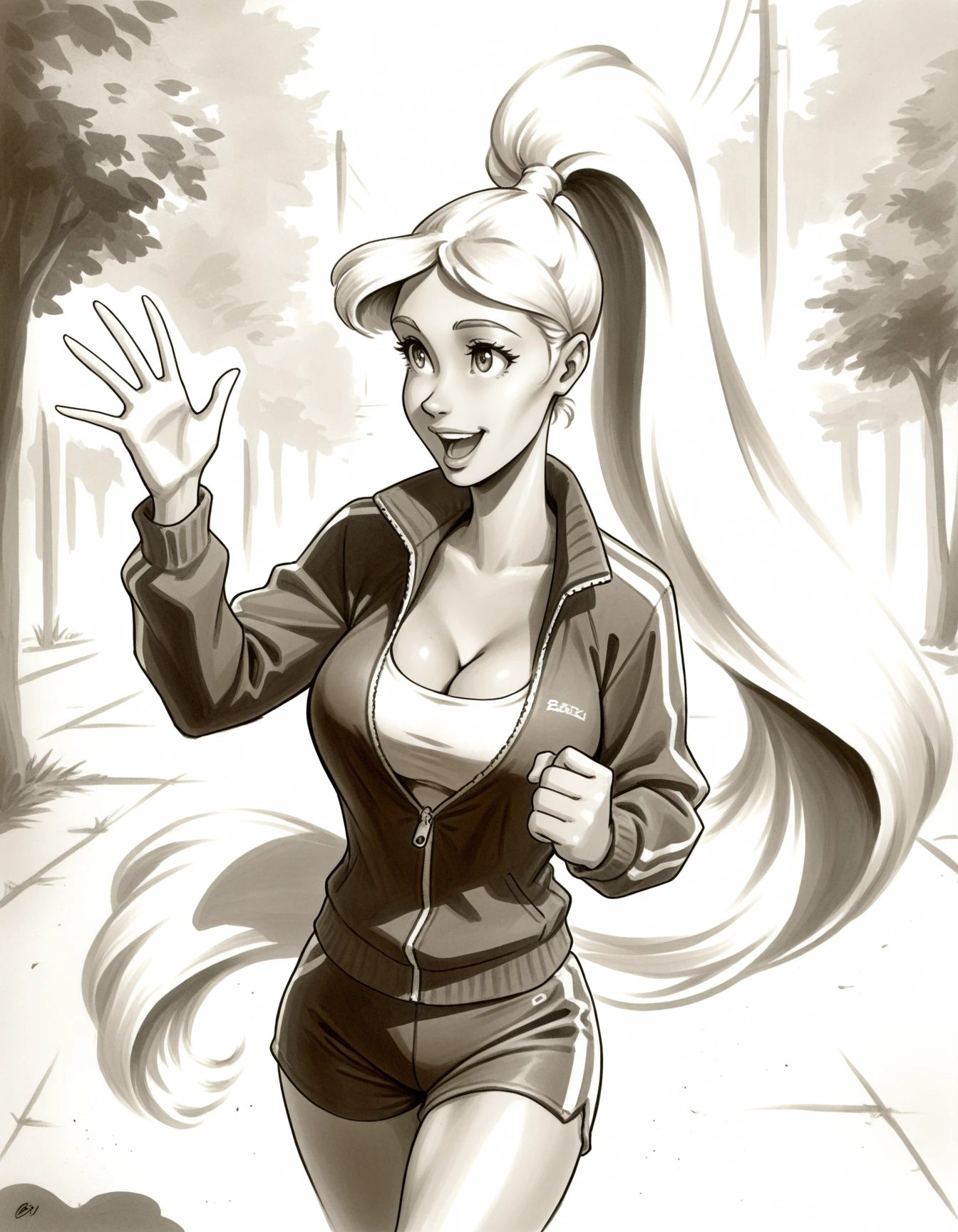 <lora:Style_AndyDames-ILXL:1>  illustration, sketch, 1girl, solo,  (monochrome)  cowboy shot, pose, action shot high ponytail, very long hair, tracksuit, cleavage, unzipped,  boyshorts, waving, running, outdoors