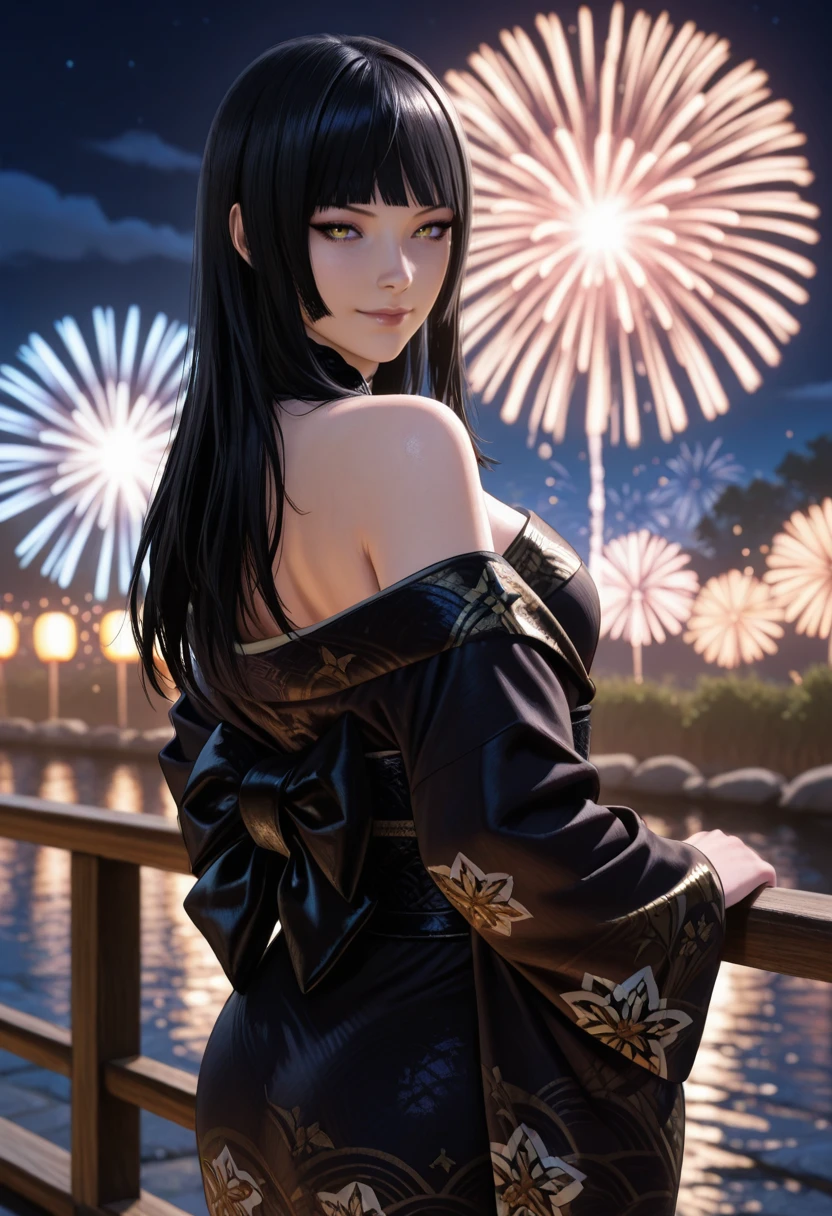 masterpiece, very aesthetic, best quality, absurdres, newest, solo,
<lora:ILFFGentiana:1>
FFGentiana, 1girl, black hair, long hair, blunt bangs, looking at viewer, slight smile, looking back, japanese clothes, kimono, off shoulder, kimono pull, black sash, bare shoulders, outdoors, night, fireworks
