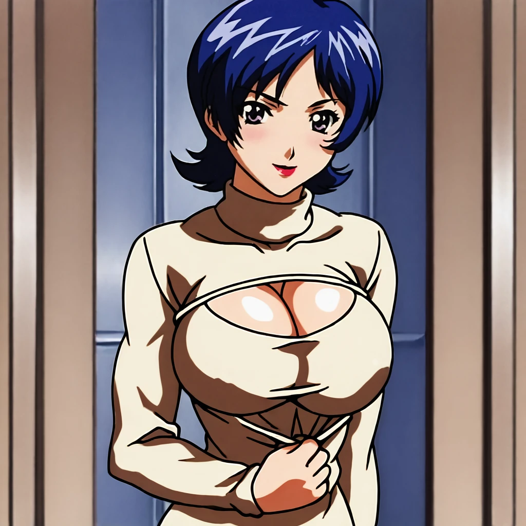 <lora:Marilyn_pony_v1:1>   Marilyn, 1girl, solo, big breasts, blue hair, short hair, lipstick, muscular,  makeup, cowboy shot, <lora:open-chest-sweater-ponyxl-lora-nochekaiser:1> open-chest sweater, ribbed sweater, cleavage cutout, meme attire, clothing cutout, turtleneck, sweater dress, cleavage, clothes tug, sweater pull, cleavage reach,