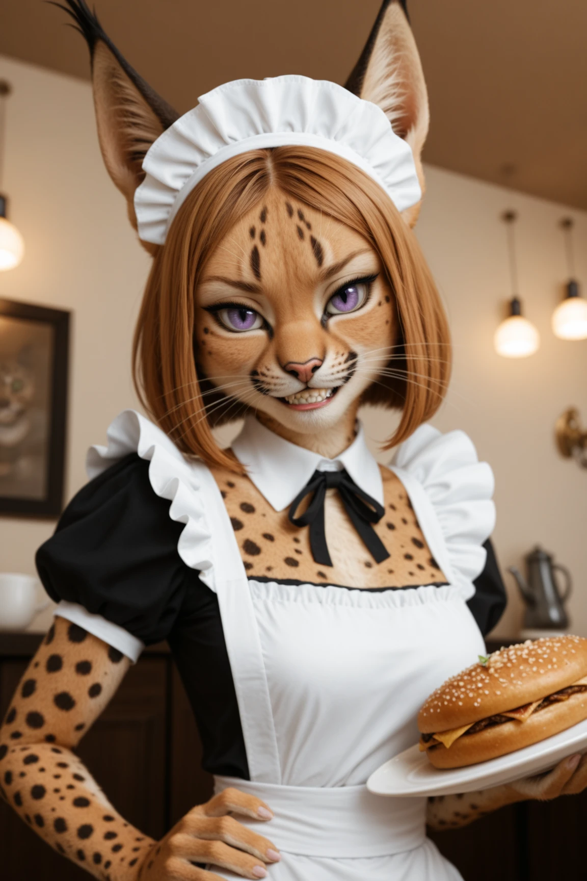 masterpiece, best quality, amazing quality, very aesthetic, high resolution, ultra-detailed, absurdres, scenery, realistic, photo, raw lights, 1girl, furry, anthro, feline, solo, cat girl, caracal cat, brown hair, bob cut, hair flaps, wavy hair, purple eyes, tsurime, smirk, smug, grin, sharp teeth, v-shaped eyebrows, doyagao, french maid, maid headwear, holding plate with food on with one hand, hand on hip, looking at viewer, dutch angle, from below, upper body, face focus, long ears, twisty pose, floating hair, leaning forward, twisted torso, hip tilt, head tilt, BREAK, eyes, detailed eyes, detailed hair, depth of field, detailed fluffy fur, photorealistic details