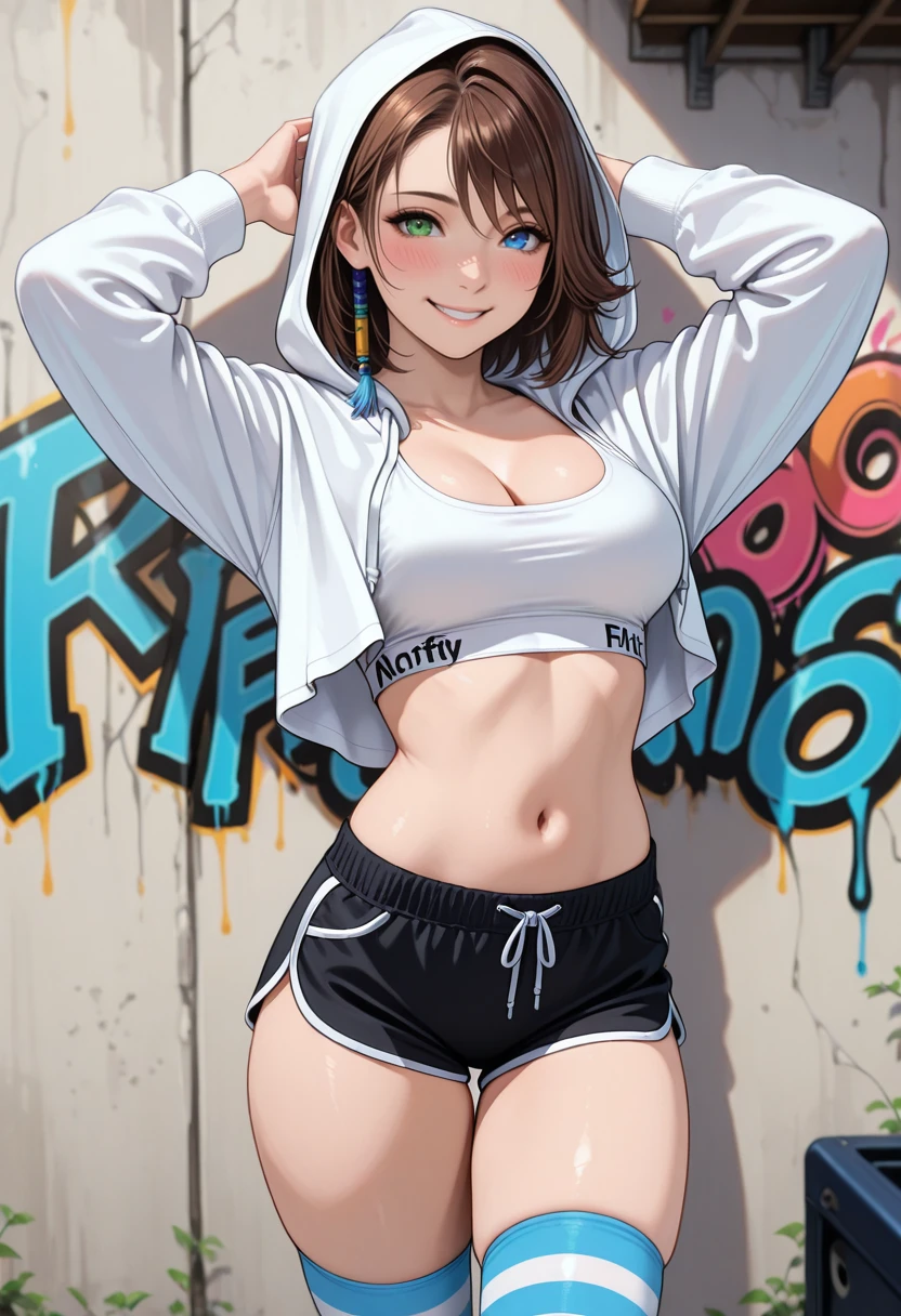 masterpiece, very aesthetic, best quality, absurdres, newest, solo,
<lora:ILFFYuna:1>
FFYuna, 1girl, brown hair, short hair, blue eyes, green eyes, heterochromia, looking at viewer, black shorts, navel, arms up, smile, cleavage, striped thighhighs, short shorts, graffiti, dolphin shorts, hood, midriff, sports bra, white hoodie, stomach, drawstring, standing, long sleeves, thighs, blush, crop top