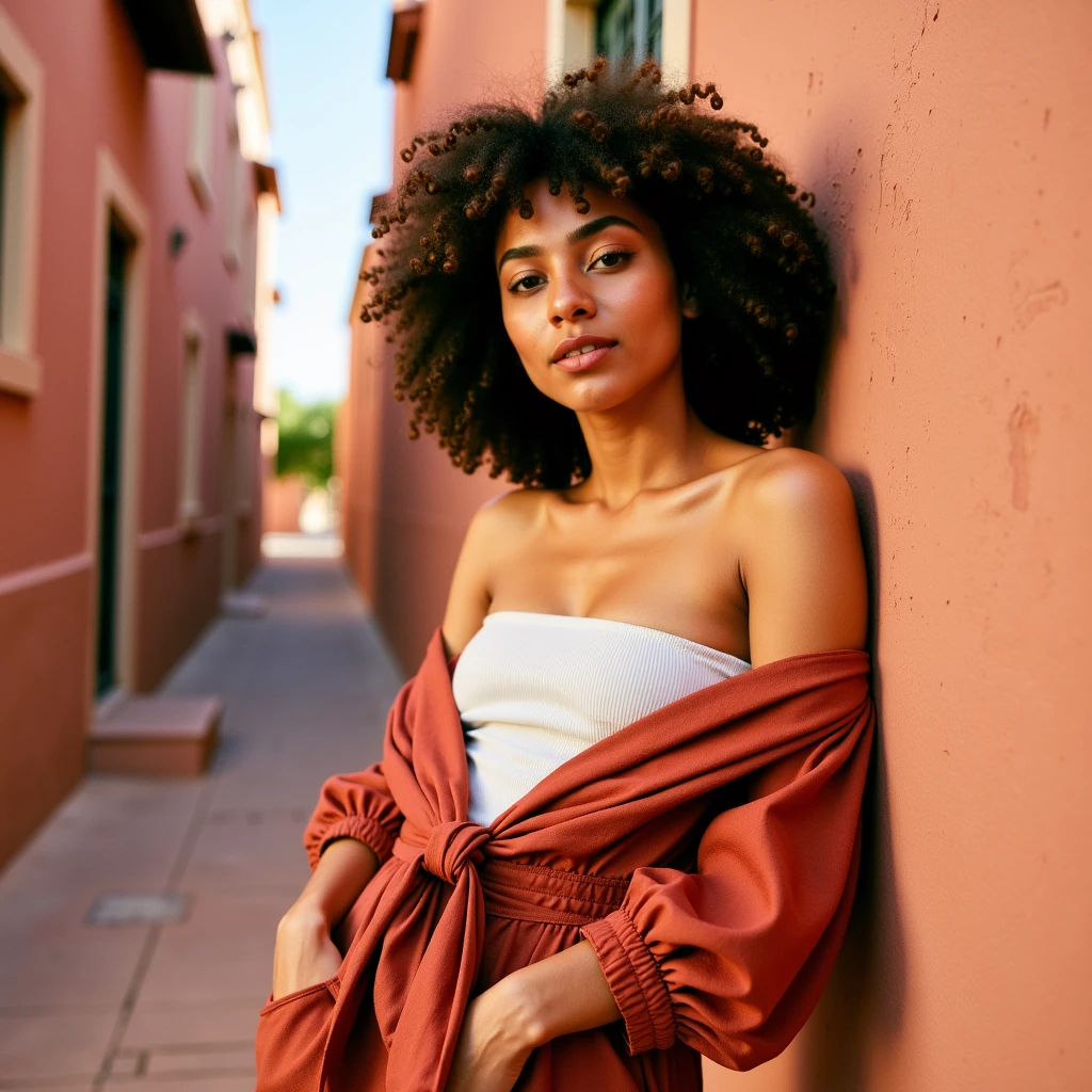 Ultra quality, ultra realistic, ultra detailed skin textures and colors, in a sun-drenched alley in Marrakesh, a striking woman leans casually against a hand-painted ochre wall, wearing a rust-toned linen jumpsuit by Mara Hoffman with the sleeves tied around her waist, revealing a crisp white bandeau. Her skin glows with golden undertones, with a faint sheen of sweat at her collarbones. Her half-body portrait is captured with a Leica SL2-S mounted with a vintage Leica R 90mm Summicron on Portra 800, carefully metered for highlights to retain deep midtone skin detail. Lighting is shaped with a bounce board held low to return warm street light onto her neck and chest, while a black flag behind camera absorbs ambient spill, deepening shadows around her waist. Her expression is relaxed but charged, like sheâs just said something witty off-cameraâreal, grounded, cinematic.
 <lora:Detailed Skin&Textures Flux V3:0.7> dsv4