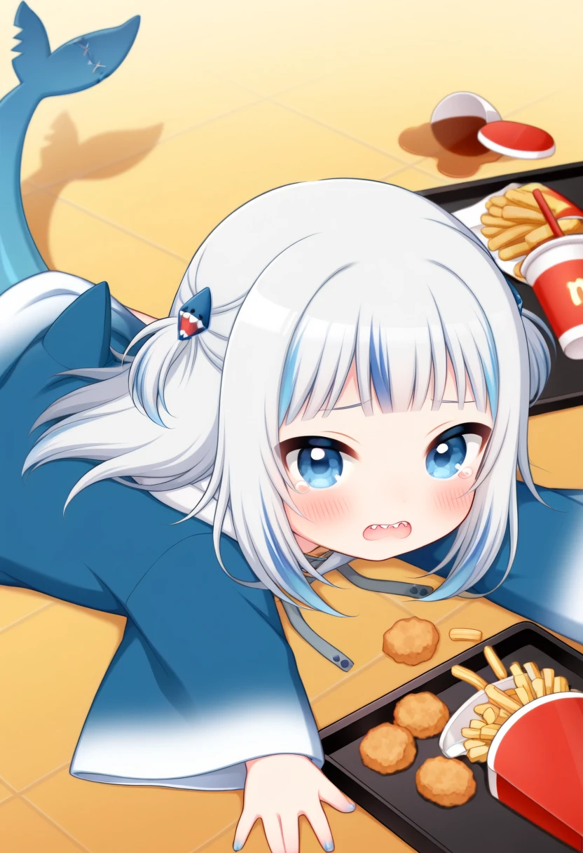 masterpiece, best quality, high quality, apuspills,
1girl, chibi, gawr gura, blue hoodie, shark print, shark hair ornament, two side up, wide sleeves, drawstring, grey hair, streaked hair, blue eyes, shark tail, blue nails,
on stomach, open mouth, lying, on floor, fallen down, tearing up, looking at viewer, looking up, tray, french fries, chicken nuggets, disposable cup, spill,<lora:apu_spills_his_tendies_meme-10-NOOB-EPS:0.8>