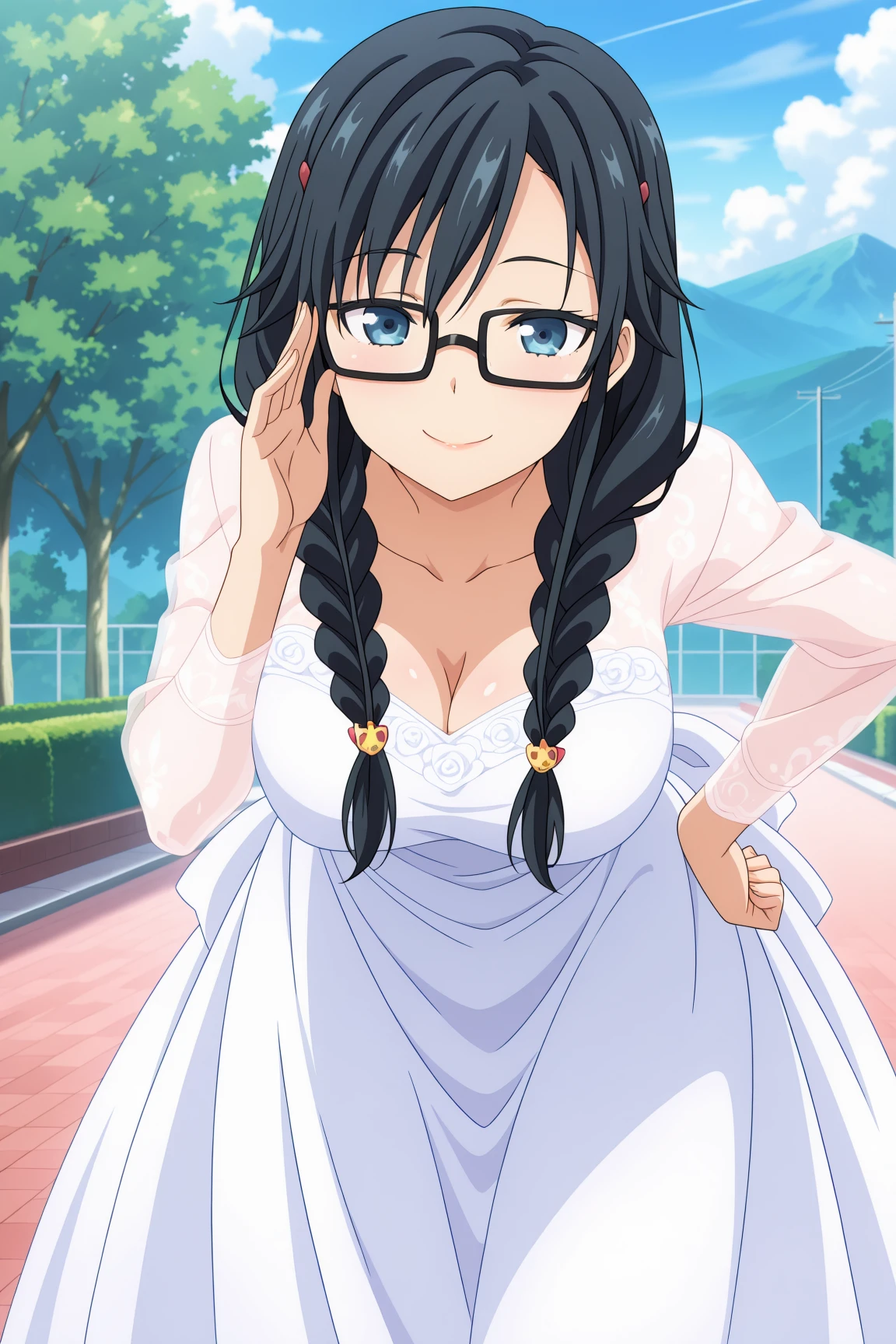 best quality, official art, anime screenshot, anime coloring, wedding dress, full dress, long sleeves, , outdoor, leaning forward, hand n hip, glasses, adjusting eyewear, smile, looking over eyewear, looking at viewer, 1girl, solo, breasts, long hair, black hair, hairclip, twin braids, hair over shoulder, glasses, sanshokuin_sumireko <lora:RGV_Pansy_ORSK:0.9>