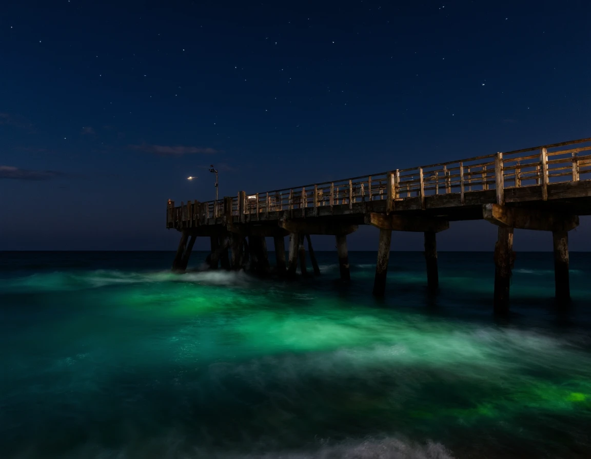 <lora:{blur, }Blur-000018:0.85> blur, 8k, artistic long exposure, ocean pier at night, bioluminescent plankton visible in the water, star trails in the sky, wooden pier texture, waves crashing gently, soft, diffused moonlight, deep blues and indigos, vibrant green plankton, Nikon D850, 30-second exposure, f/2.8. . 35mm photograph, film, bokeh, professional, 4k, highly detailed