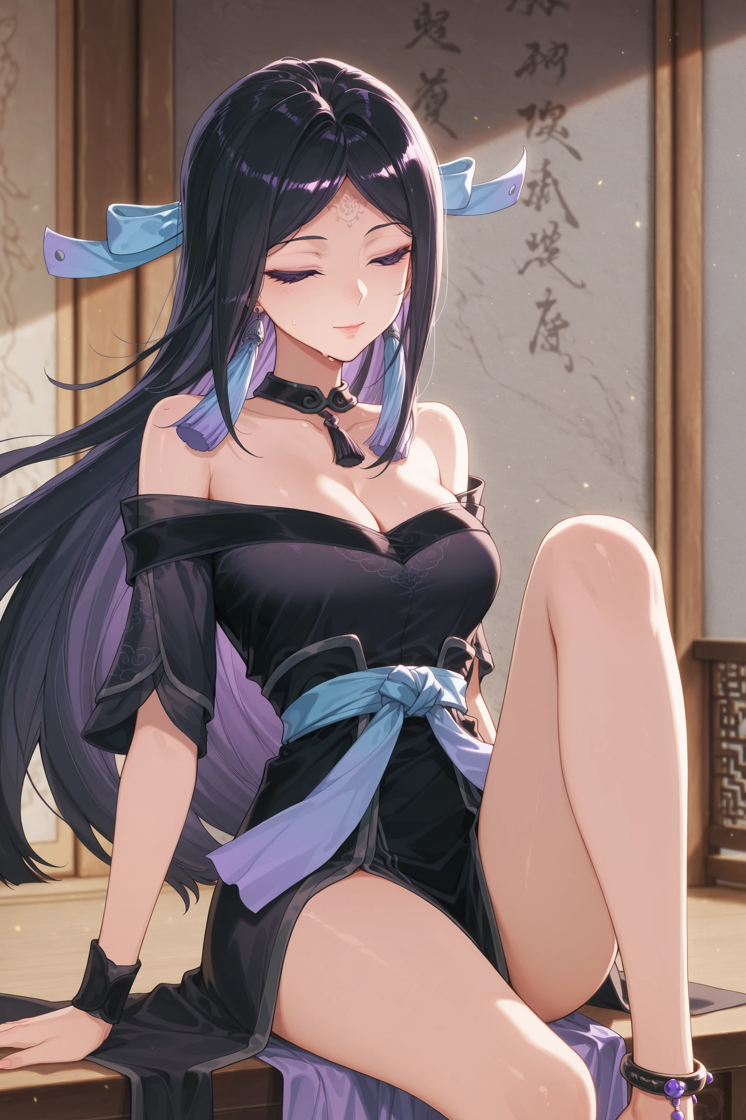 Masterpiece, Best quality, hindquarters_Visible_Through_Thighs, Cityscape, Real, A high resolution, Colorful, Girl, Long hair, Colored inner hair, curly_Hair, Beautiful detailed eyes, Light smile, Small breasts, Japanese_clothes, Obi, Frilled bra , white kneehighs, Earrings, Hair_bow, necklace, Sit on the, wariza/W-sitting, nipple tweak_thigh high,