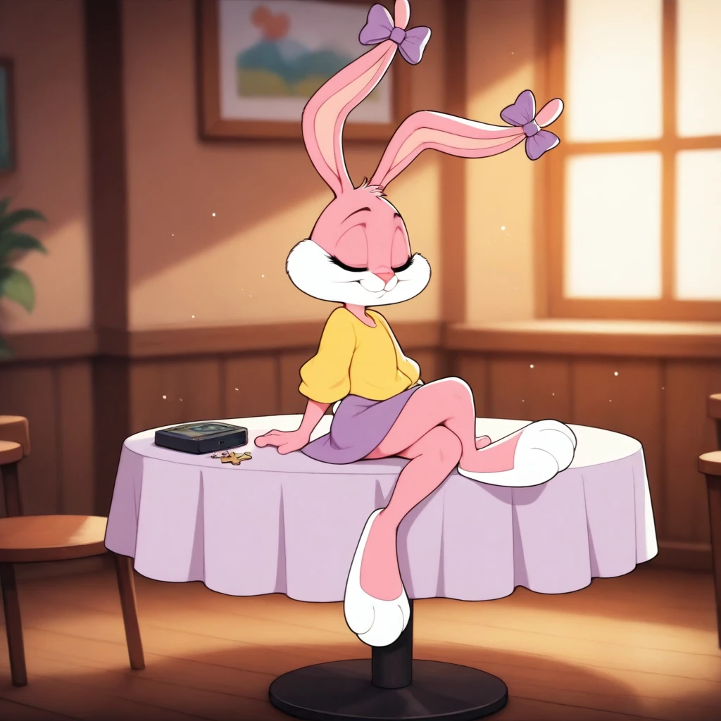 <lora:BabsBunnyOr9_YM:0.7>, solo, Babs, cub, bunny, girl, eyes closed, pink nose, pink body, pink head, pink ears, pink legs, white cheeks, white feet, erect ears, yellow T-shirt, purple skirt, purple bows on the ears, mouth closed, sitting on the table, cross-legged
BREAK, masterpiece, best quality, high quality, particles effect, [:by Desubox:0.15], [:by Anchee, by Snowskau:0.55], detailed background, detailed foreground, depth of field, backlighting