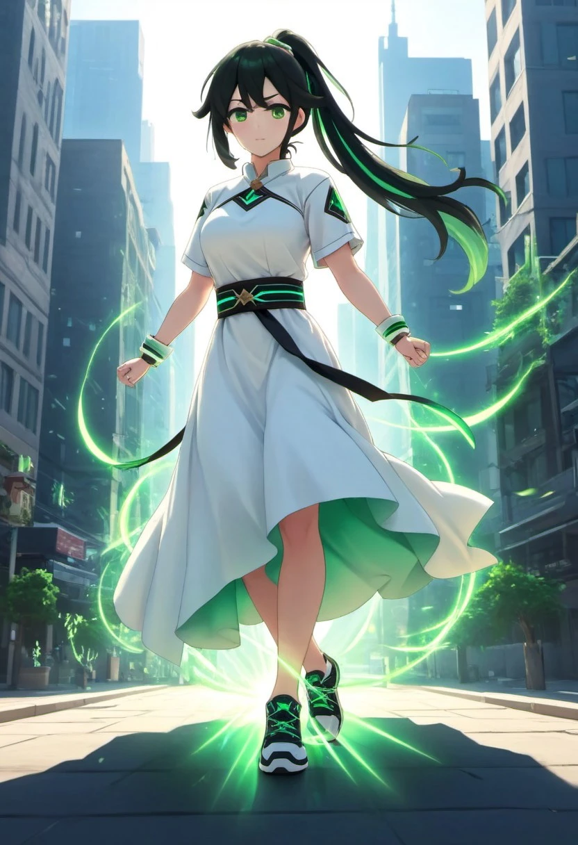score_9, score_8_up, score_7_up, source_anime, philia_wf, pwf_light, black hair, green highlights, ponytail, green eyes, white dress, belt, green shoes, hair ornament, hands clasped, blinding light,city, focused, dynamic shot, high quality, cowboy shot,