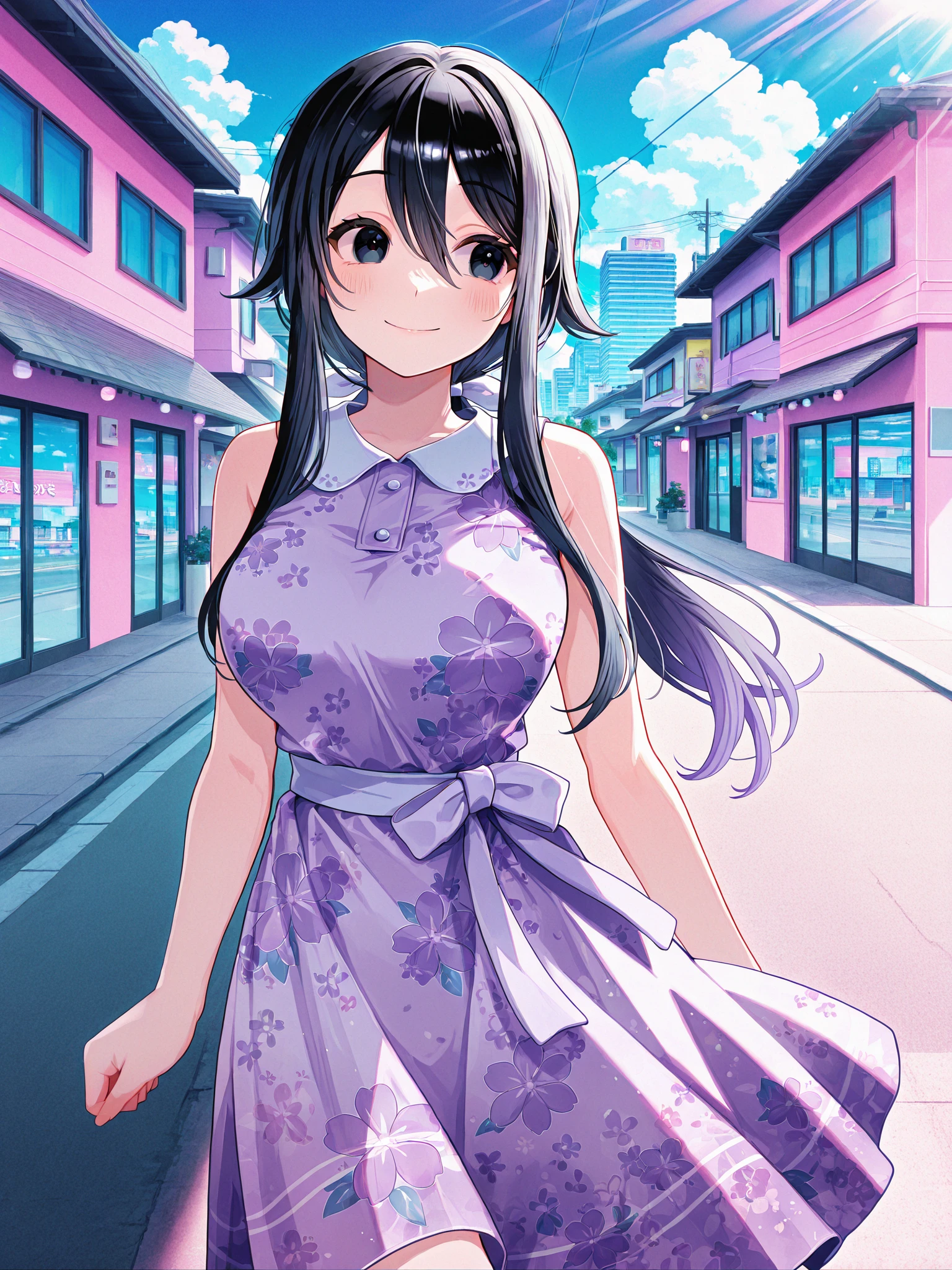 <lora:Ryoba4XL:1> Ryoba_YS, 1girl, large breasts, low ponytail, long hair, sleeveless floral dress, sash, light purple dress, outdoors, town, walking, smile, sunlight, day, solo, black eyes, vhs artifacts, [[vaporwave]], 
<lora:spo_sdxl_10ep_4k-data_lora_webui:0.5>, masterpiece, best quality, amazing quality, very aesthetic, absurdres, newest <lora:Chon_style:0.5>, hair ribbon