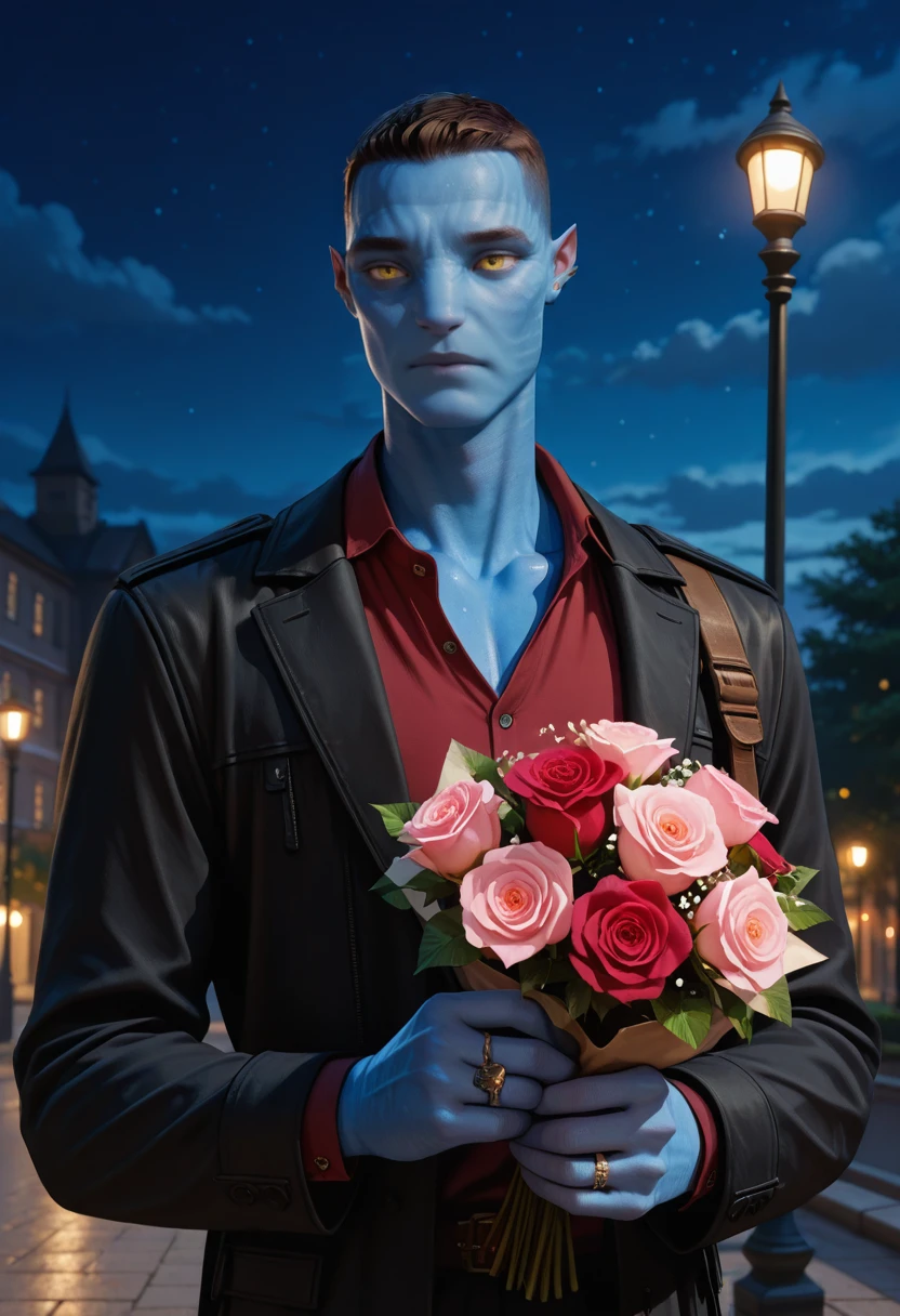 masterpiece, very aesthetic, best quality, absurdres, newest, solo,
<lora:ILAvMilesQ:1>
AvMilesQ, 1boy, male focus, brown hair, blue skin, yellow eyes, red flower, male focus, jewelry, red rose, outdoors, holding bouquet, ear piercing, stud earrings, lamppost, black jacket, ring, upper body, closed mouth, black coat, night sky, long sleeves, red shirt, collared shirt, holding flower, pink flower, pink rose, cloud, bishounen, collarbone