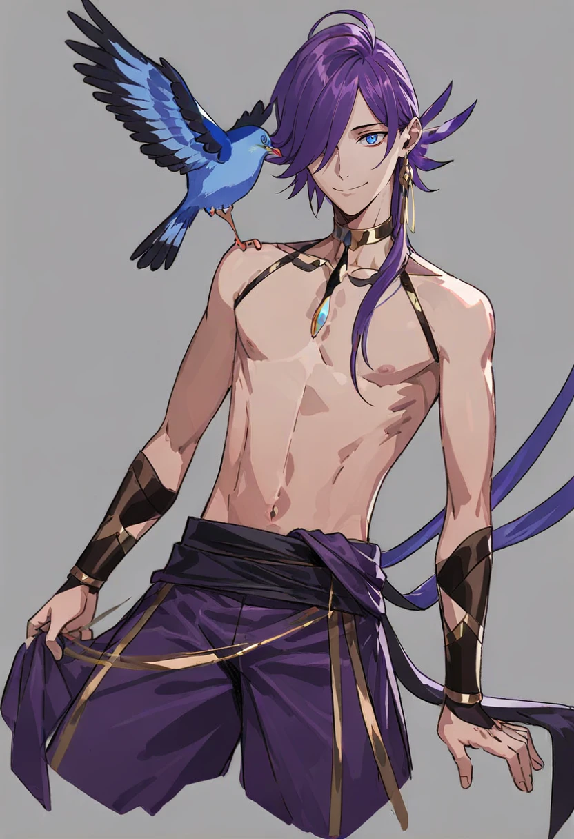 1boy, male focus, blue eyes, purple hair, hair over one eye, bird, white background, smile, simple background, jewelry, navel <lora:pakoXL_il1_lokr_V6311P:0.95>
