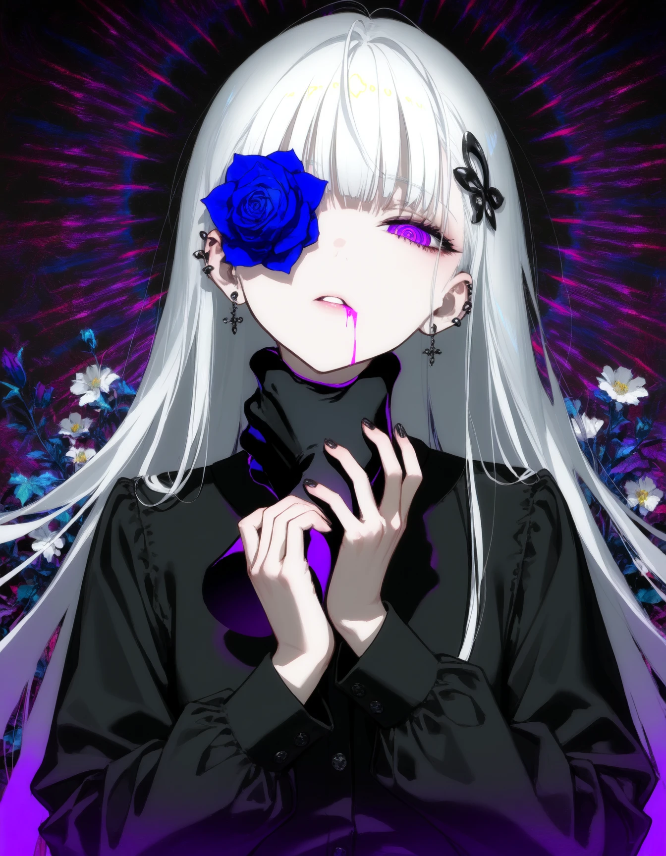 narue, rolua, yoneyama mai, rella,
1girl, (disembodied hand, asphyxiation, strangling, half-closed eyes:1.2), colorful, ear piercing, earrings, flower, hands up, jewelry, long hair, neon palette, piercing, psychedelic, solo, upper body, [(double exposure:1.5):double exposure:8], looking at viewer, (white flower over eye, purple bleed from mouth:1.2), parted lips, one eye covered, abstract background, straight-on, black nails, blue flower, ringed eyes, rose, purple eyes, head tilt, long sleeves, blue rose, pale skin, eyelashes, white hair, hair ornament, black nail polish,
masterpiece, best quality, amazing quality, very awa, absurdres, very aesthetic, chiaroscuro