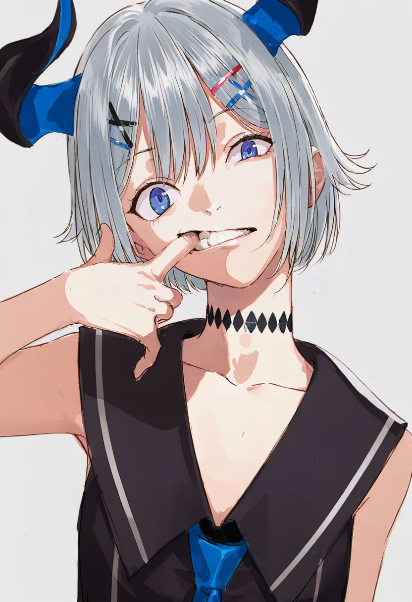 1girl, solo, blue eyes, horns, hair ornament, white background, simple background, hairclip, finger in own mouth, looking at viewer, choker, teeth, mouth pull, short hair, upper body, collarbone, sleeveless, black choker, x hair ornament, sailor collar, black shirt, grey hair, head tilt, shirt, hair between eyes, bangs <lora:pakoXL_il1_lokr_V6311P:0.95>