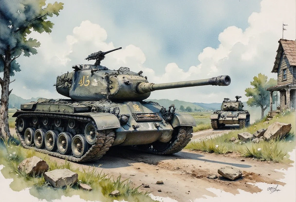 A watercolor painting of an American tank lying in wait for enemy tanks from the shadow of a collapsed house during the Challenge War. A heavy and tense scene, piles of rubble, gun smoke, <lora:FluxWatercolor:1> Jedwtclr, watercolor, American tank crew, <lora:m46:1>m46,