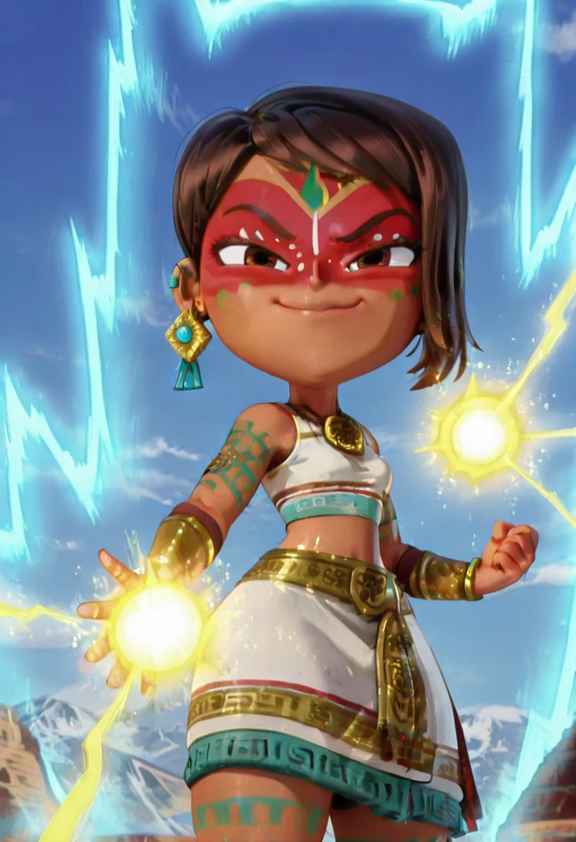 masterpiece, best quality, solo, curvy, beautiful eyes, zzMaya, brown hair, brown eyes, facepaint, bodypaint, jewelry, earrings, skirt, crop top, necklace, bracelet, <lora:MayaAndTheThreeIXL:1.0>,,vivid aura, looking at viewer, blue background, spiked hair, smug, aura, super saiyan, charging energy, energy ball, energy, lightning, <lora:DBSBroly_Style_IXL_v2:0.8>, <lora:SpicyIXL:0.6>,