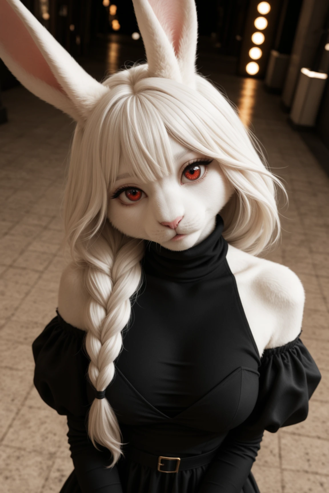masterpiece, best quality, amazing quality, very aesthetic, high resolution, ultra-detailed, absurdres, scenery, realistic, photo, 1girl, furry, anthro, solo, rabbit girl, clothed, body fur, white rabbit, white fur, fluffy, medium breasts, wavy long white hair, partial bangs, single braid, looking at viewer, head tilt, red eyes, big eyes, luxurious turtleneck gothic puffy detached sleeve black dress, off-shoulder, upper body, long rabbit ears, portrait, dutch angle, from above, rim light, raw lights, BREAK, eyes, detailed eyes, detailed background, detailed hair, depth of field, detailed fluffy fur, photorealistic details