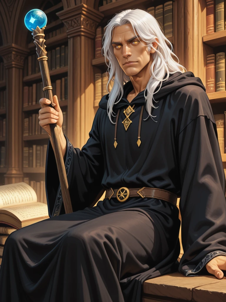 solo,
looking at the viewer,
sitting in a library
<lora:Raistlin_Majere__Dragonlance:0.7>
raistlin,,
brobe, black robe
long hair, white hair, yellow eyes, ,
masculine, male,,
wizard,, staff,