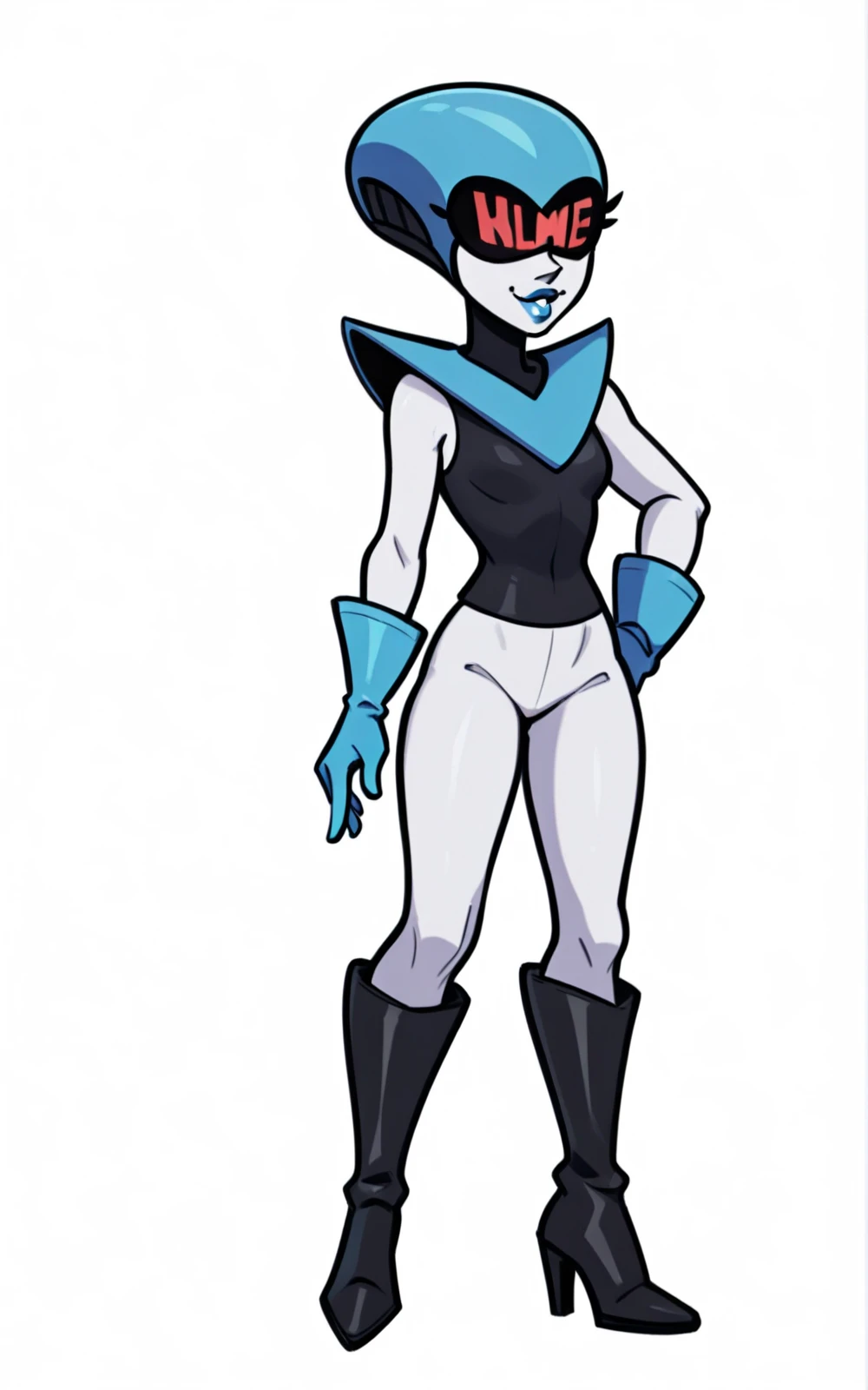 (masterpiece), best quality, a cartoon alien with green eyes and a blue body, elongated arms, elongated figure, neutral pose, humanoid form, humanoid shape, zoomed out full body, arms extended, distant full body view, full entire body fun pose, 5 fingers). full body, fully body pose, full body pose, serpentine pose gesture, green eyes, boob, no human
