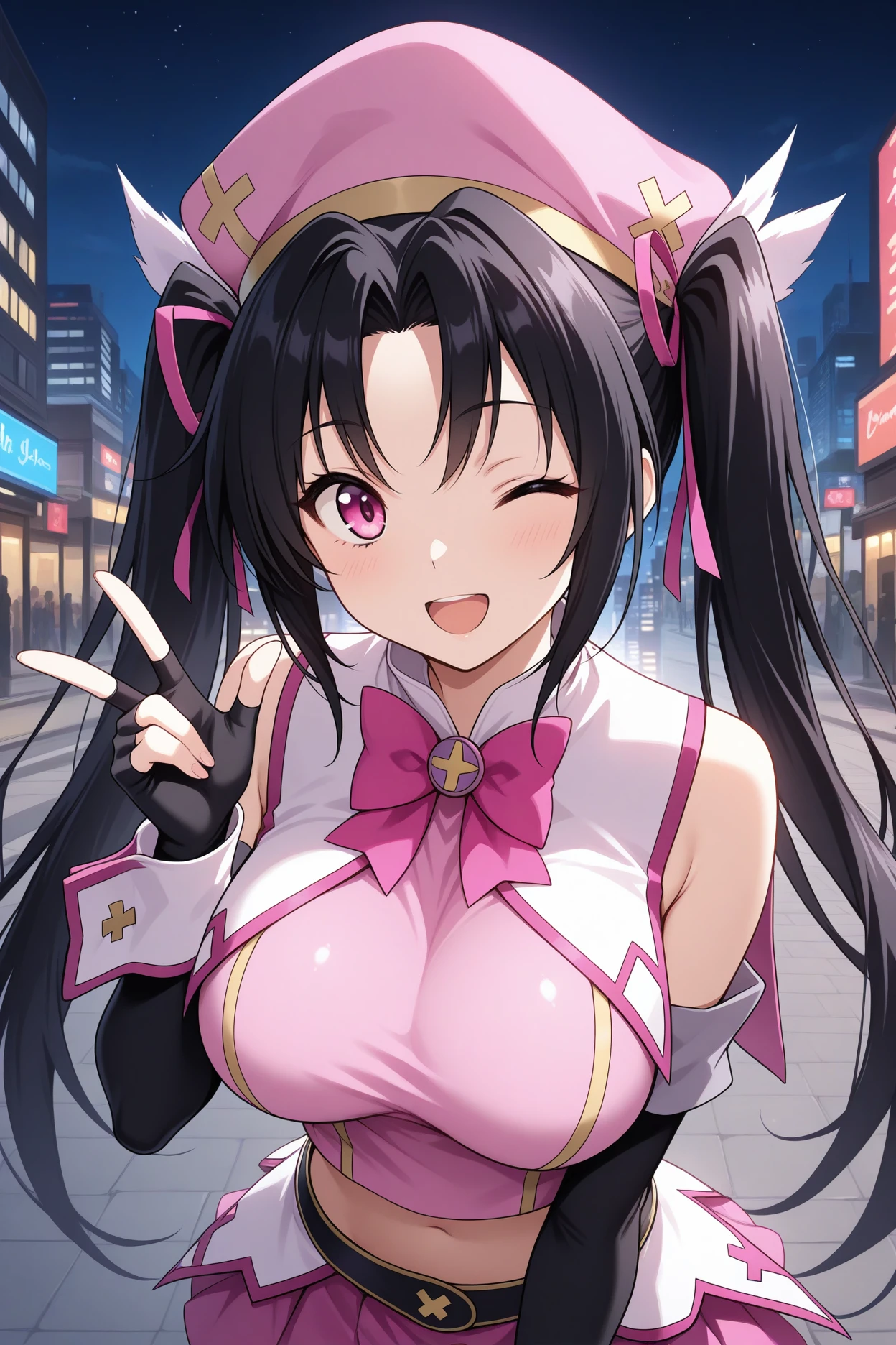 masterpiece, best quality, 1girl, solo, <lora:serafall-illu-nvwls-v1-000006:1> slevtn, black hair, long hair, twintails, hair ribbon, pink eyes, large breasts, pink beret, white collar, pink bowtie, pink shirt, sleeveless shirt, detached sleeves, elbow gloves, black gloves, fingerless gloves, wrist cuffs, midriff, pink skirt, pleated skirt, miniskirt, upper body, looking at viewer, smile, happy, wink, open mouth, night sky, city street
