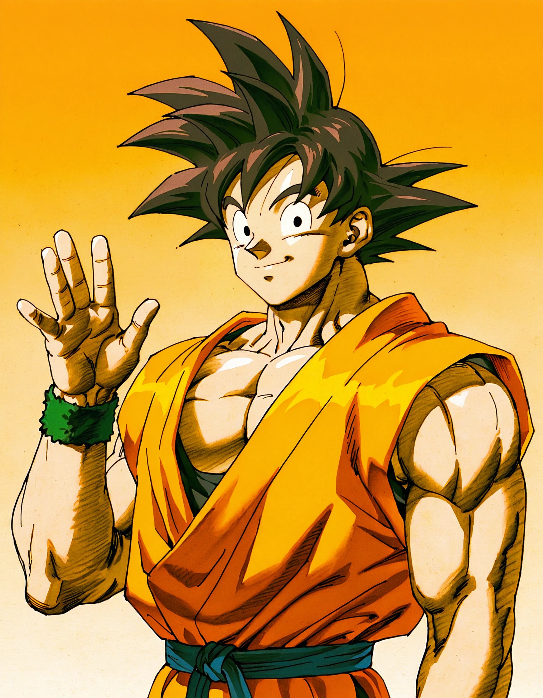 masterpiece, high quality,
traditional media,
mvcill,
gradient background, orange background,
gokuill, solo, 1boy, looking at viewer,orange dougi, wristband, upper body,waving, muscular male,
<lora:mvcill3-000007:1>
<lora:gokuill:0.4>