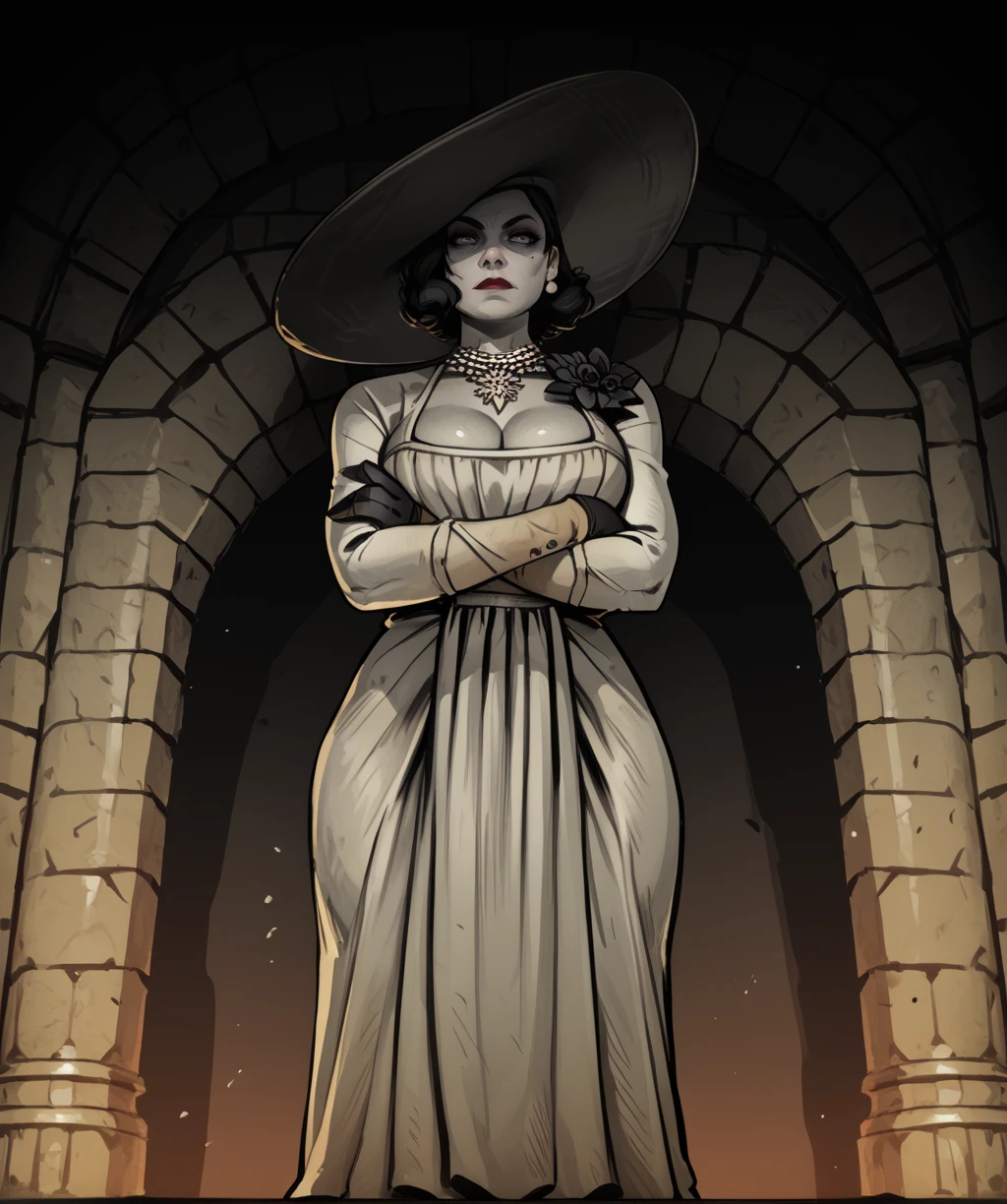 score_9, score_8_up, score_7_up, score_6_up, score_5_up, score_4_up,
alcinaxl, grey eyes, black hair, hat,
white dress, single earring, black brooch, necklace, gloves, crossed arms,
standing, from below, cleavage,
looking at viewer, solo,
dark castle, shadows, evening, indoors,
<lora:AlcinaDimitrescuxl-12v6:0.9>,