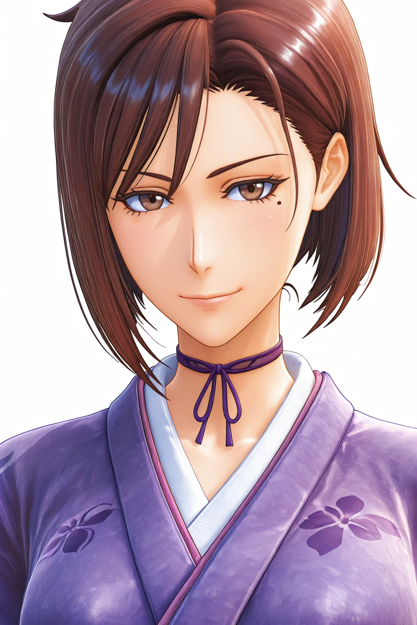 Game CG Style,Kanzaki Sumire (NEW),1girl,solo,mole under eye,mole,japanese clothes,kimono,choker,sash,obi,short hair,white background,brown eyes,upper body,looking at viewer,purple kimono,simple background,brown hair,smile,
<lora:New Sakura Wars_illustriousXL:1>,