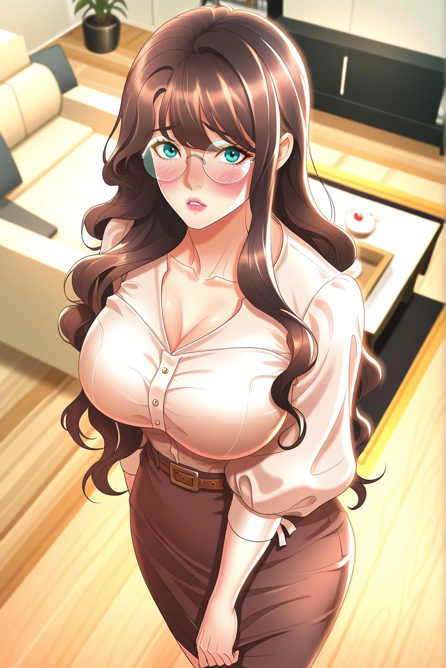 absurdres, high res, ultrasharp, 8K, masterpiece, 1girl, long hair, sensual look, sultry smile, dark brown hair, curvy huge breasts, glasses, secretary outfit, big , sleeveless buttoned-up pink blouse, formal look, beige
 Sweat pants, see through, no sleeves or cuffs on pink blouse, standing up straight 


