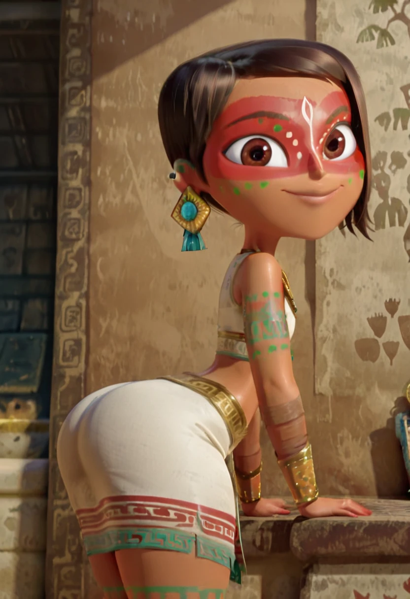 masterpiece, best quality, solo, curvy, beautiful eyes,  zzMaya, brown hair, brown eyes, facepaint, bodypaint, jewelry, earrings,   skirt, crop top, necklace, bracelet, <lora:MayaAndTheThreeIXL:1.0>,side view, ass, leaning forward, cowboy shot, smile, looking at viewer, shiny skin,<lora:SpicyIXL:0.5>,