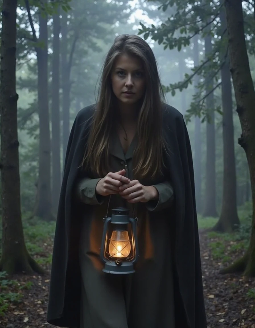 - A woman gripping a lantern in a dense, fog-covered forest, her expression a mix of fear and determination. Shadows dance around her as she steps cautiously forward, dressed in a long, hooded cloak. <lora:miriamhamberg:1>,<lora:a_Turbo-Alpha:1>,