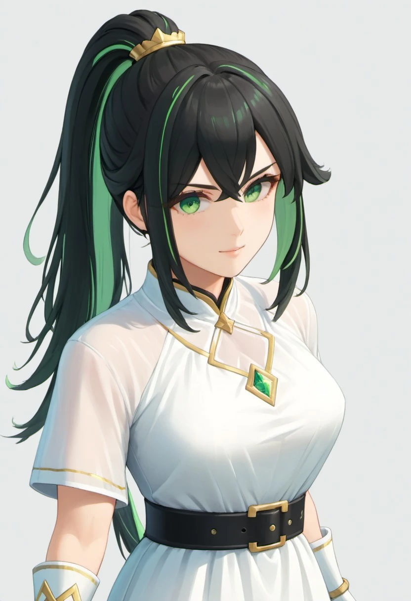 Source_anime, absurdres, 4k quality, 1girl, philia_wf, solo, pwf_light, black hair, green highlights, ponytail, green eyes, white dress, belt, portrait, studio quality, detailed, hair ornament good hands, good eyes, freebos_smoothiestyle