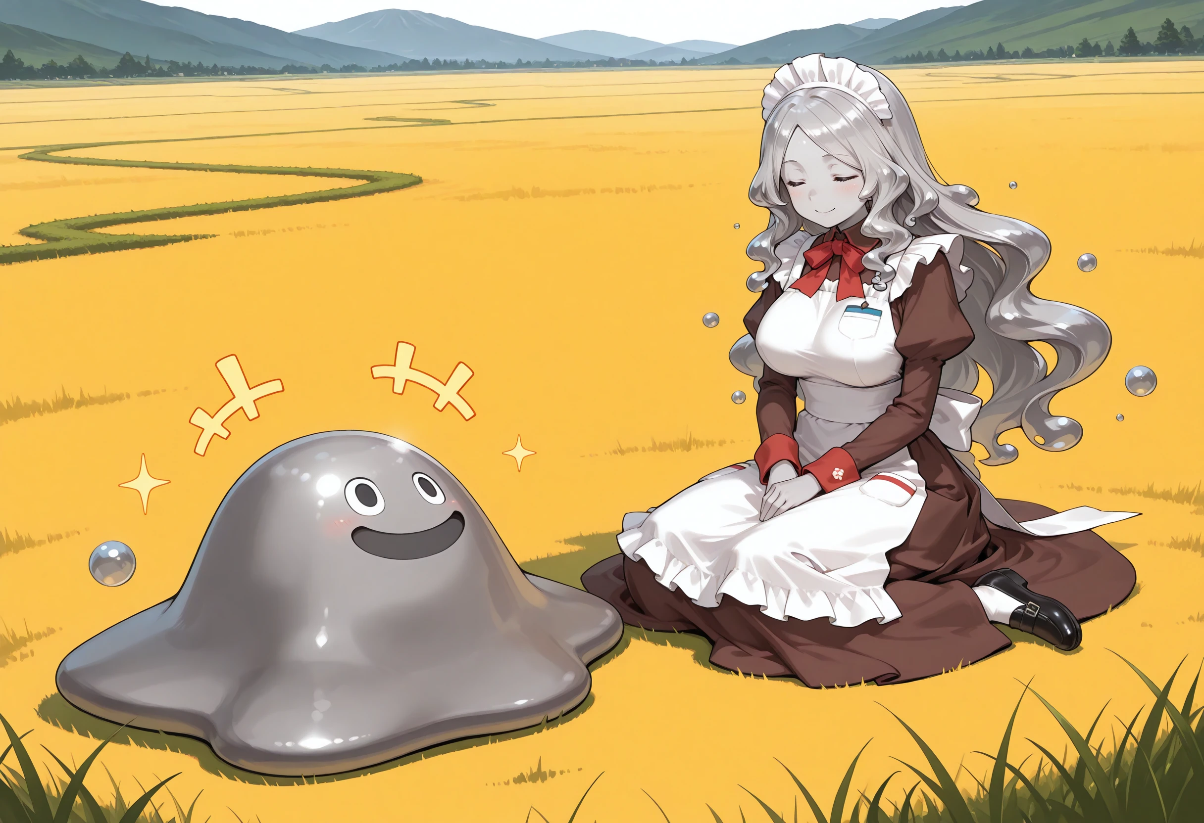 masterpiece,extreme detailed,field,2others BREAK hagurin,no_legs,no humans,:D,sparkle,bubble,<lora:hagurin-IL:1>,looking up,happy,^_^,smile,+++,
masterpiece,extreme detailed,field,2girls BREAK trimmau_(fate),solo,closed mouth,closed eyes,long hair,grey hair,large breasts,maid,maid headdress,white apron,juliet sleeves,brown dress,grey skin,long sleeves,shoes,white pantyhose,black footwear,red bow,bowtie,bubble,<lora:trimmau-IL:1>,sitting,looking at another,smile,